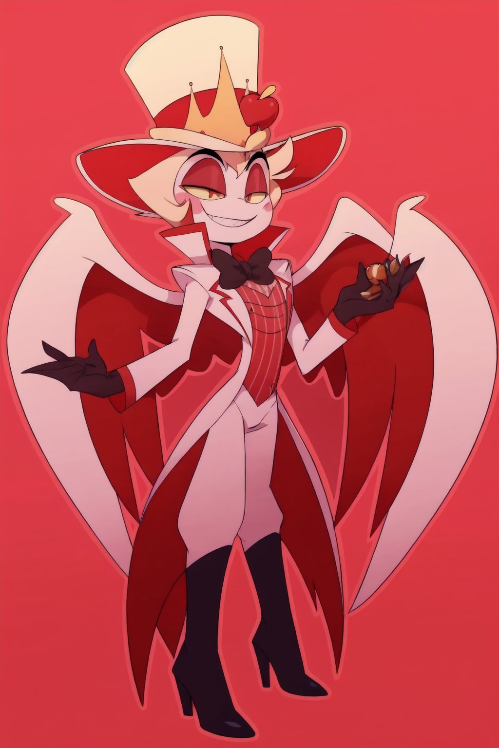 ((masterpiece, best quality)), 1boy, lucifer, full suit, cheeks, smile, thin, high heels, gloves, top hat, full body