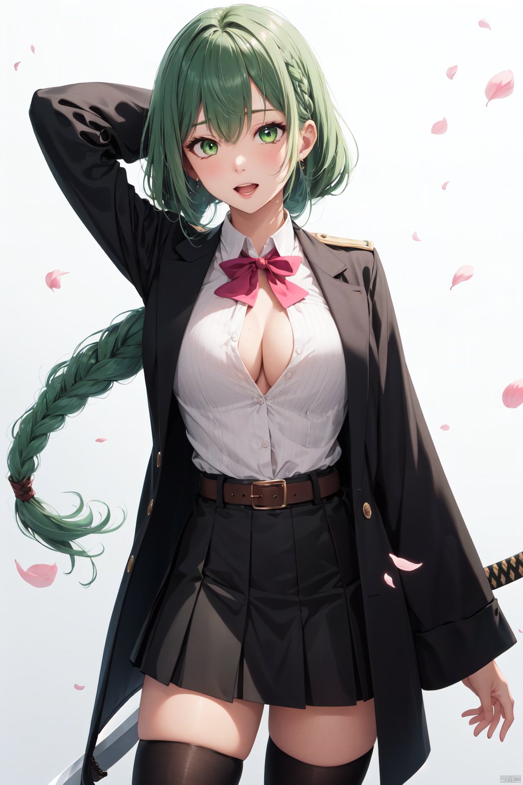 1girl, solo, green thighhighs, breasts, demon slayer uniform, green eyes, thighhighs, weapon, long hair, sword, multicolored hair, pink hair, open mouth, skirt, looking at viewer, braid, gradient hair, mole under eye, petals, cleavage, partially unbuttoned, mole, belt, green hair, holding, black skirt, haori, long sleeves, bangs, shirt, holding sword, japanese clothes, zettai ryouiki, holding weapon, open clothes, two-tone hair, ribbed legwear, miniskirt, katana, white shirt, pleated skirt, collared shirt, pink nails, simple background, blush, uniform, white background, medium breasts, large breasts, white belt, wide sleeves, coat, grey background, jacket, black jacket, open shirt, sheath, twin braids, cowboy shot, feet out of frame,4k