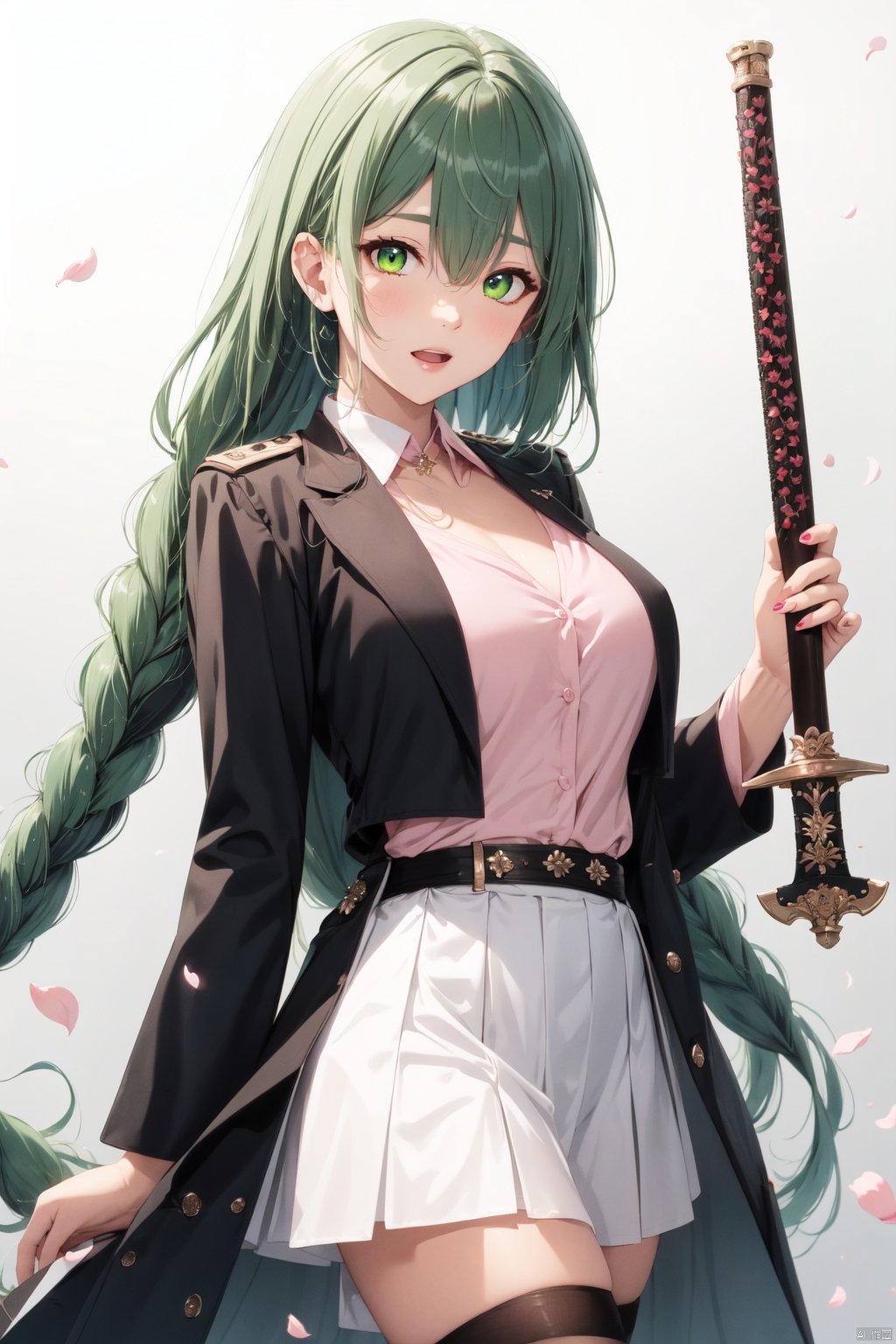  1girl, solo, green thighhighs, breasts, demon slayer uniform, green eyes, thighhighs, weapon, long hair, sword, multicolored hair, pink hair, open mouth, skirt, looking at viewer, braid, gradient hair, mole under eye, petals, cleavage, partially unbuttoned, mole, belt, green hair, holding, black skirt, haori, long sleeves, bangs, shirt, holding sword, japanese clothes, zettai ryouiki, holding weapon, open clothes, two-tone hair, ribbed legwear, miniskirt, katana, white shirt, pleated skirt, collared shirt, pink nails, simple background, blush, uniform, white background, medium breasts, large breasts, white belt, wide sleeves, coat, grey background, jacket, black jacket, open shirt, sheath, twin braids, cowboy shot, feet out of frame,4k