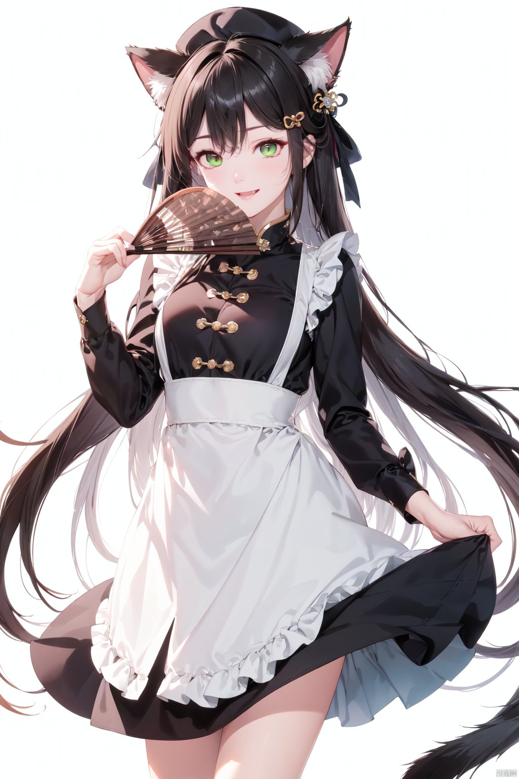  1girl, solo, animal ears, smile, simple background, white background, green eyes, animal ear fluff, white apron, :d, bow, long sleeves, hat, dress, apron, long hair, black headwear, black dress, hand up, blush, hair ornament, very long hair, fang, looking at viewer, bangs, hair bow, frills, frilled apron, black bow, puffy sleeves, waist apron, beret, hair intakes, detached sleeves, cat hair ornament, hair between eyes, jewelry, breasts, ring, open mouth, (\MBTI\), (\ji jian\), (\meng ze\), (\shuang hua\), (\xing he\), (\fan hua\)