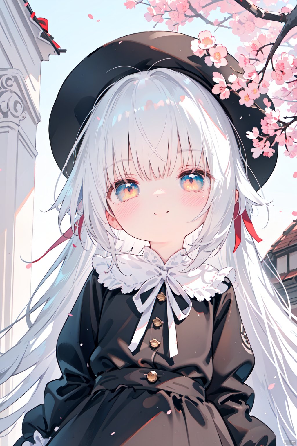  (masterpiece:1.1), (best quality:1.2), highres, original, extremely detailed wallpaper, official art,1girl, solo, long hair, (little_girl:1.2),(petite:1.1),bright_pupils,blue eyes,gothic_lolita,dress,loli,looking at viewer, blush, smile, bangs, white hair, shirt, long sleeves, hat, dress, ribbon, brown eyes, closed mouth, hair ribbon, upper body, outdoors, frills, blurry, red ribbon, black headwear, blurry background, loli