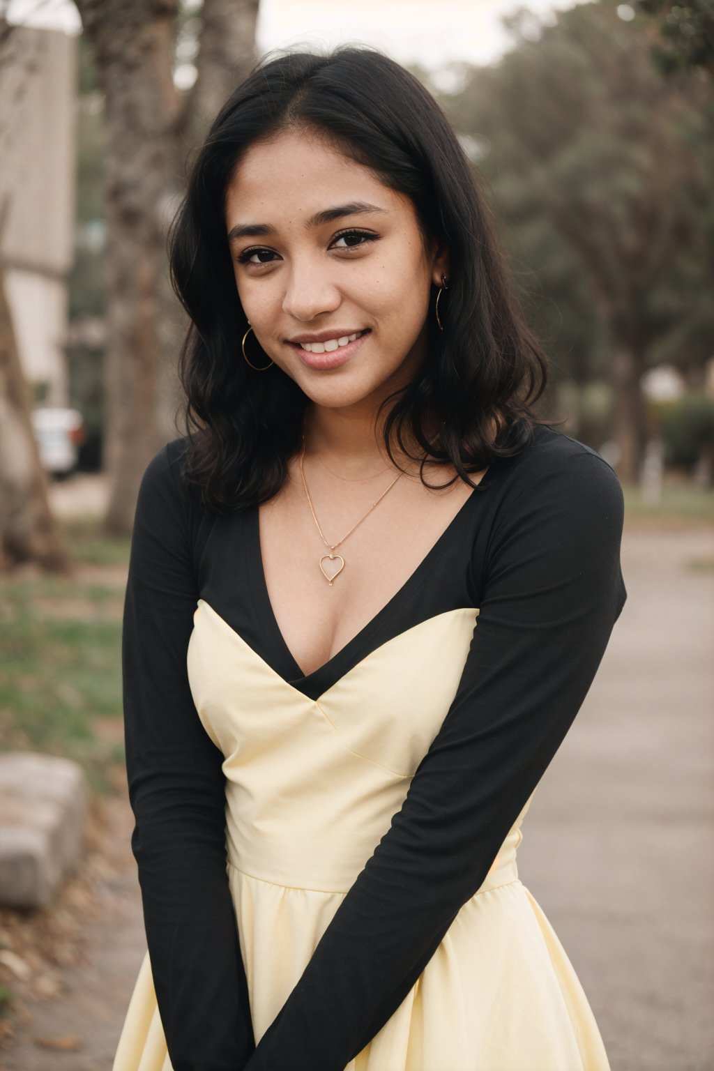 1girl, 30 year old , busty, 
solo, smile, black hair, dress, brown eyes, jewelry, earrings, necklace, cosplay, realistic, yellow dress