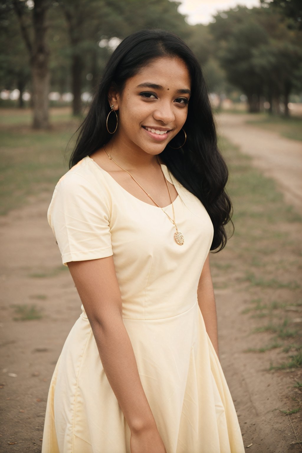 1girl, 30 year old , busty, 
solo, smile, black hair, dress, brown eyes, jewelry, earrings, necklace, cosplay, realistic, yellow dress