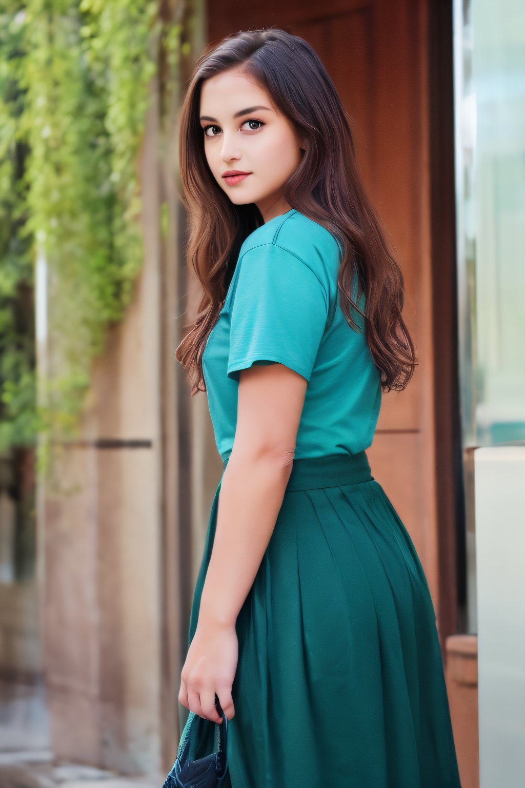 1girl, solo, long hair, looking at viewer, skirt, brown hair, shirt, black hair, brown eyes, standing, short sleeves, parted lips, bag, blurry, lips, leaf, blue shirt, plant, green skirt, long skirt, realistic, green shirt,epiC35mm