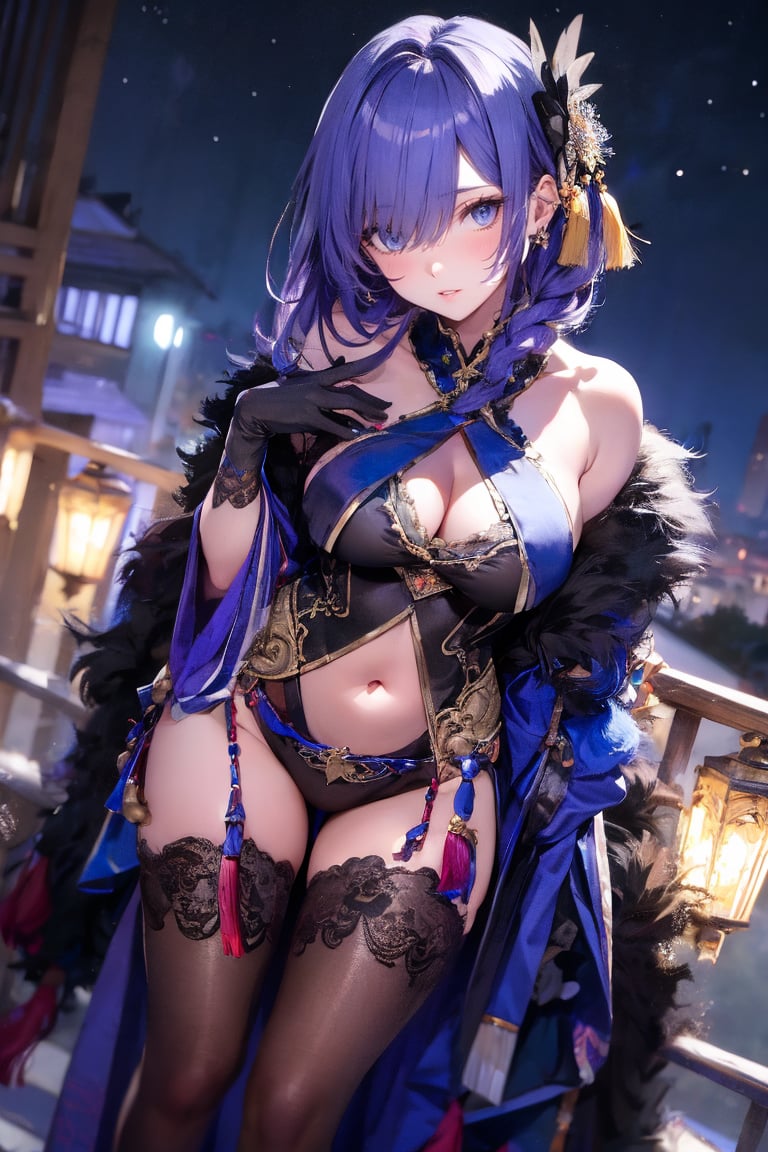 masterpiece, best quality, ShenheV4, 1girl, solo, looking at viewer, blush, hair ornament, gloves, sitting, braid, hair over one eye, thighs, outdoors, parted lips, sky, black gloves, elbow gloves, clothing cutout, bodysuit, covered navel, night, feet out of frame, tassel, star (sky), night sky, starry sky, gold trim, black bodysuit, hip vent, shoulder cutout, breast curtain, navel, earrings, parted lips, thigh gap, tassel,