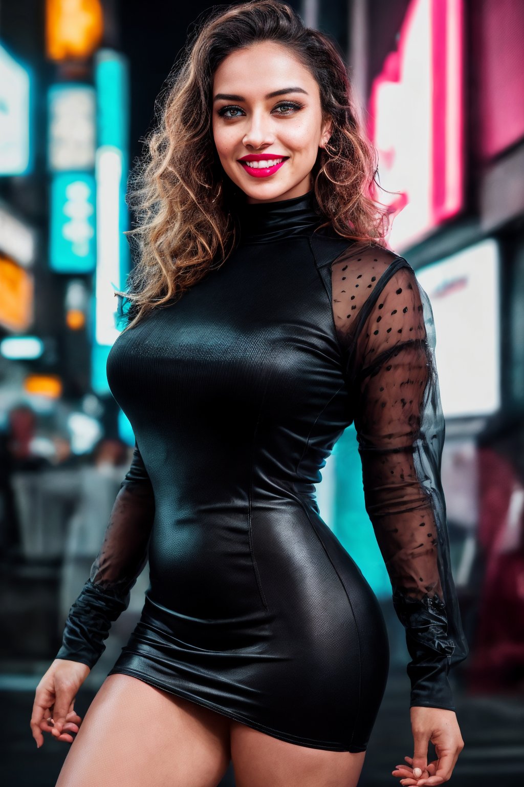 detailed eyes, dry skin, skin fuzz, visible skin hair, skin blemishes, extremely sexy, bright clothes, european woman, lustful look, short and long curly hair, sensual smile, spitline in mouth, tongue tip out of mouth, tongue between teeth, like before a kiss, few cute freckles, dramatic blue key light, cyberpunk aesthetic, photo of beautiful young cute cyberpunk lady, cibi, babyface, glowing eyes, extreme cyberpunk haircut, huge smile showing teeth, dying of laughter, laughing out loud, perfect teeth, replicant, fake skin, human sinlike texture, a woman with beautiful hair, lots of colored zips, high tech cyberpunk attire, dressed in leather and neon lights, lineson clothes, shadows on clothes, bump mapping, light dots on clothes,no lipstick,  glossy lips, as a movie star in a (movie premiere), premiere gala, (near a movie theatre), natural skin texture, (sexy tight white sheer mesh turtleneck dress), 24mm, 4k textures, soft cinematic light, adobe lightroom, photolab, hdr, intricate, elegant, highly detailed, sharp focus, ((((cinematic look)))), soothing tones, insane details, intricate details, hyperdetailed, low contrast, soft cinematic light, exposure blend, hdr, faded, (paparazzi in background), (painted lips:1.1), ((looking at camera:1.1)), lasers shooting in the background.,ridingsexscene,z1l4,Movie Still,westworld,b3rli,Epicrealism,blurry_light_background,Neon Light