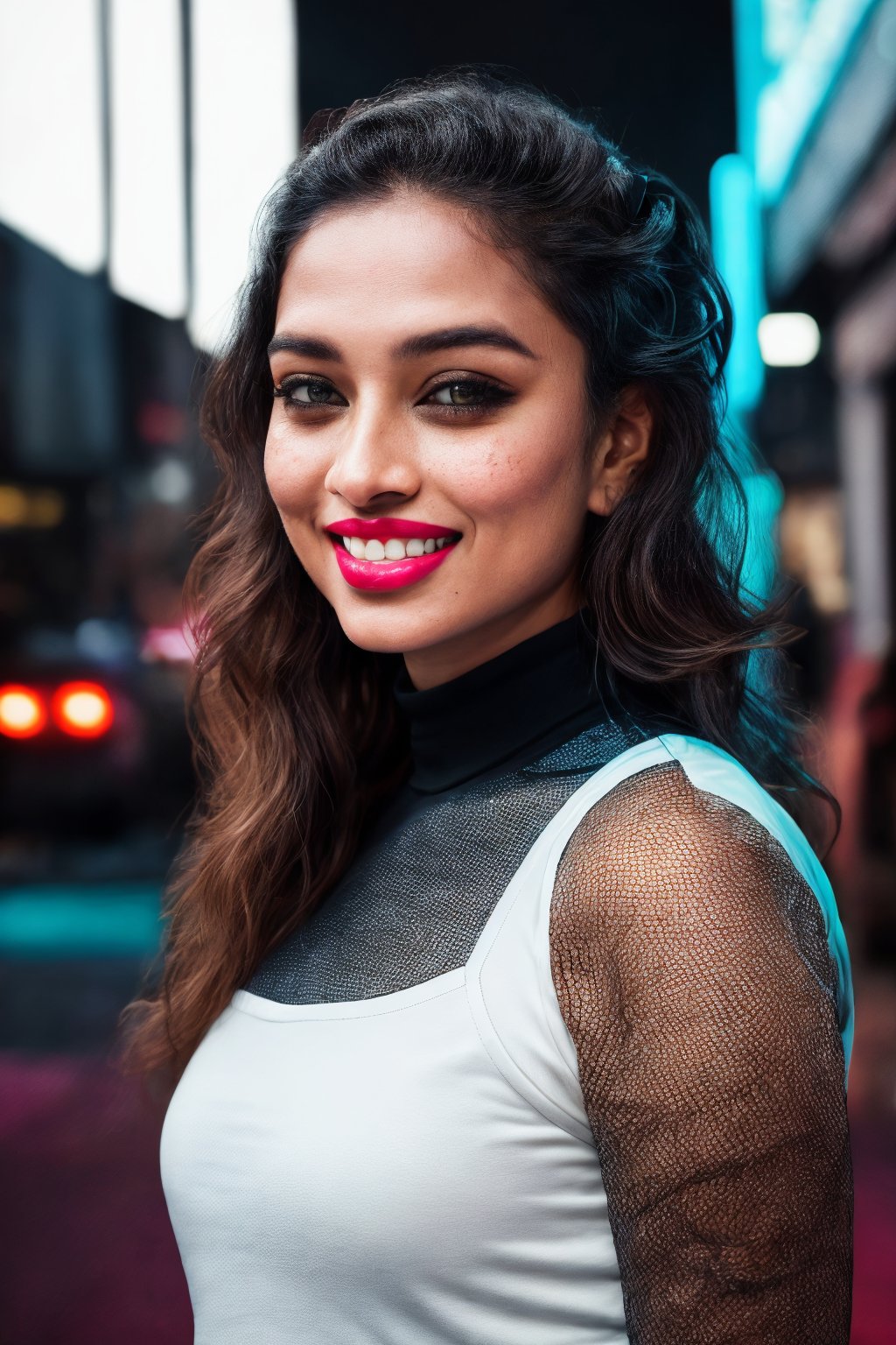 detailed eyes, dry skin, skin fuzz, visible skin hair, skin blemishes, extremely sexy, bright clothes, mallu woman, lustful look, short and long curly hair, sensual smile, spitline in mouth, tongue tip out of mouth, tongue between teeth, like before a kiss, few cute freckles, dramatic blue key light, cyberpunk aesthetic, photo of beautiful young cute cyberpunk lady, cibi, babyface, glowing eyes, extreme cyberpunk haircut, huge smile showing teeth, dying of laughter, laughing out loud, perfect teeth, replicant, fake skin, human sinlike texture, a woman with beautiful hair, lots of colored zips, high tech cyberpunk attire, dressed in leather and neon lights, lineson clothes, shadows on clothes, bump mapping, light dots on clothes,no lipstick,  glossy lips, as a movie star in a (movie premiere), premiere gala, (near a movie theatre), natural skin texture, (sexy tight white sheer mesh turtleneck dress), 24mm, 4k textures, soft cinematic light, adobe lightroom, photolab, hdr, intricate, elegant, highly detailed, sharp focus, ((((cinematic look)))), soothing tones, insane details, intricate details, hyperdetailed, low contrast, soft cinematic light, exposure blend, hdr, faded, (paparazzi in background), (painted lips:1.1), ((looking at camera:1.1)), lasers shooting in the background.,ridingsexscene,z1l4,Movie Still,westworld,b3rli,Epicrealism,blurry_light_background,Neon Light