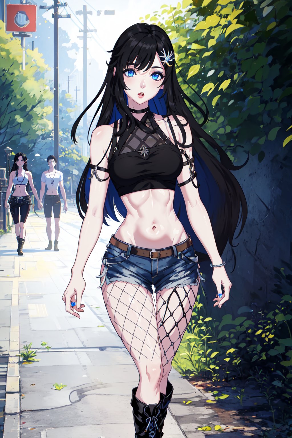 Ava00 , black hair , very long hair , hair ornament,  blue eyes , long breasts , ful body , shirt, crop top, bare shoulders, cowboy shorts, black fishnets, short black boots size 40, walking