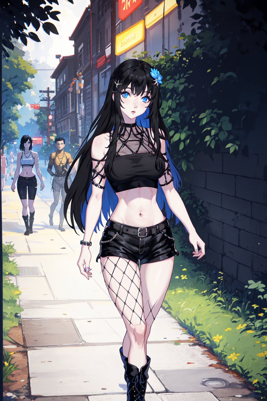 Ava00 , black hair , very long hair , hair ornament,  blue eyes , long breasts , ful body , shirt, crop top, bare shoulders, black cowboy shorts, black fishnets, short black boots size 40, walking