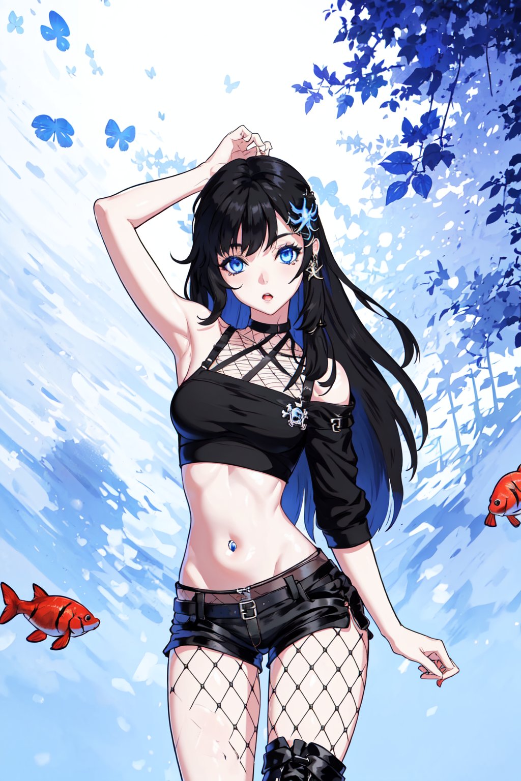 Ava00 , black hair , very long hair , hair ornament,  blue eyes , long breasts , ful body , shirt, crop top, bare shoulders, cowboy shorts, black fishnets, short black boots size 40