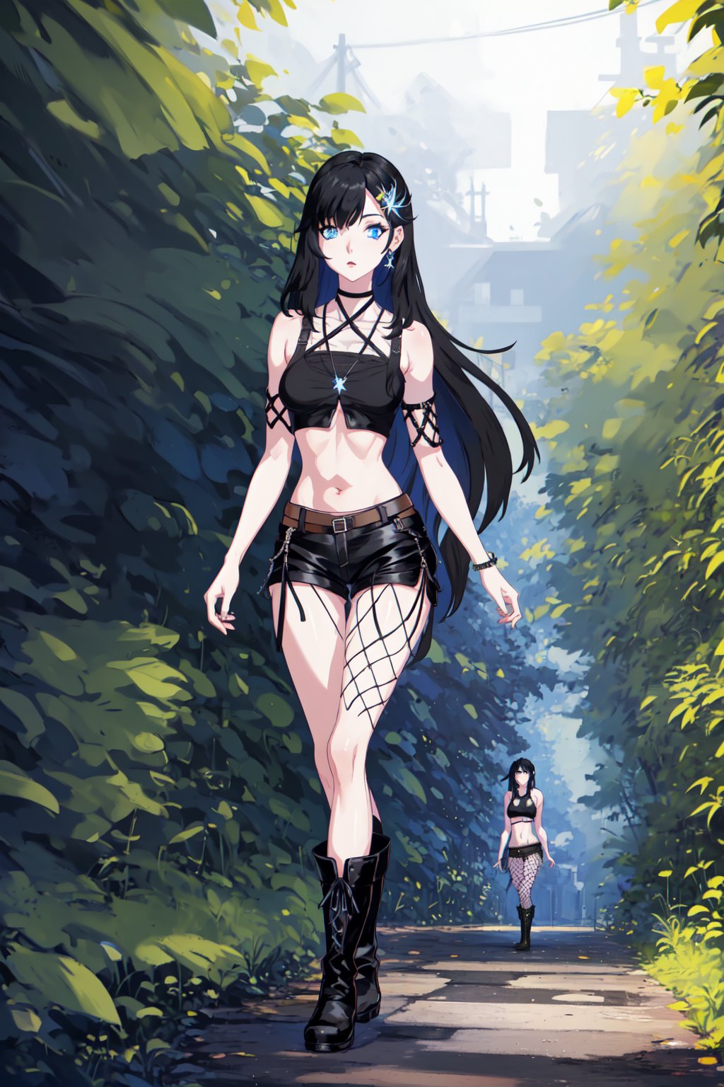 Ava00 , black hair , very long hair , hair ornament,  blue eyes , long breasts , ful body , shirt, crop top, bare shoulders, black cowboy shorts, black fishnets, short black boots size 40, walking