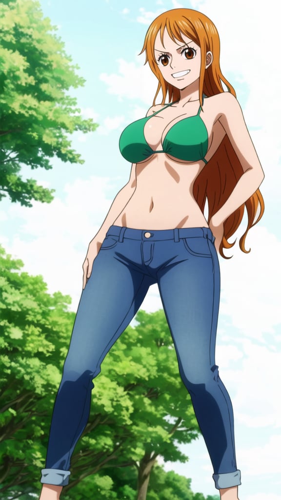 1girl, solo, nami, nami_(one_piece), nami cosplay, looking at viewer, full body, from below view, beautiful skinny legs, eye focus, brown eyes, orange eyes, orange hair, long hair, huge breasts, green bikini, bikini top only, jeans, grin, happy, v-shaped eyebrows, white background, expressive face detail, beautiful character design, bright front face, in the one piece style art, <lora:Nami:1.1>, park background, beautiful summer day, masterpiece, best quality, high quality