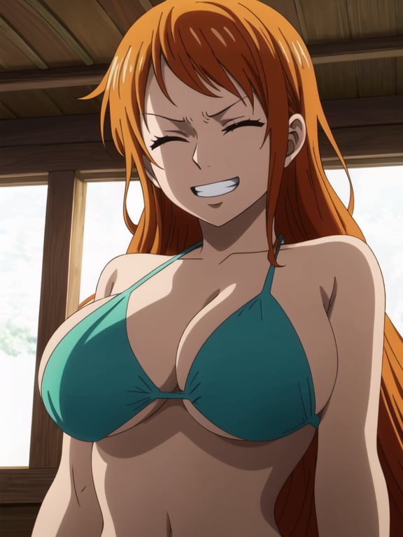 1girl, solo, nami, nami_(one_piece), nami cosplay, upper body, looking at viewer, facing viewer, eye focus, orange hair, long hair, huge breasts, green bikini, bikini top only, grin, happy, v-shaped eyebrows, closed eyes, white background, expressive face detail, beautiful character design, bright front face, in the one piece style art, <lora:Nami:1.1>, indoors of a beautiful onsen background simple background, masterpiece, best quality, high quality