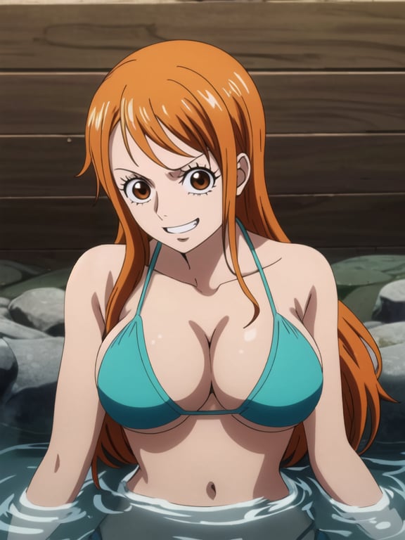 1girl, solo, nami, nami_(one_piece), nami cosplay, upper body, from above view, looking at viewer, profile, perfil, facing viewer, eye focus, brown eyes, orange eyes, orange hair, long hair, huge breasts, green bikini, bikini top only, grin, happy, v-shaped eyebrows, , white background, expressive face detail, beautiful character design, bright front face, in the one piece style art, <lora:Nami:1.1>, indoors of a beautiful onsen background simple background, masterpiece, best quality, high quality