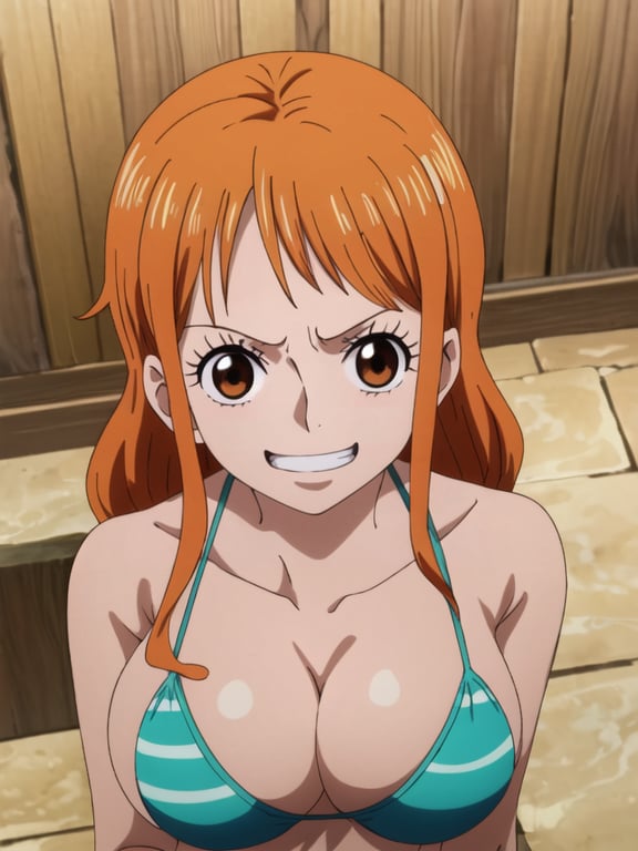 1girl, solo, nami, nami_(one_piece), nami cosplay, upper body, from above view, looking at viewer, facing viewer, eye focus, brown eyes, orange eyes, orange hair, long hair, huge breasts, green bikini, bikini top only, grin, happy, v-shaped eyebrows, , white background, expressive face detail, beautiful character design, bright front face, in the one piece style art, <lora:Nami:1.1>, indoors of a beautiful onsen background simple background, masterpiece, best quality, high quality