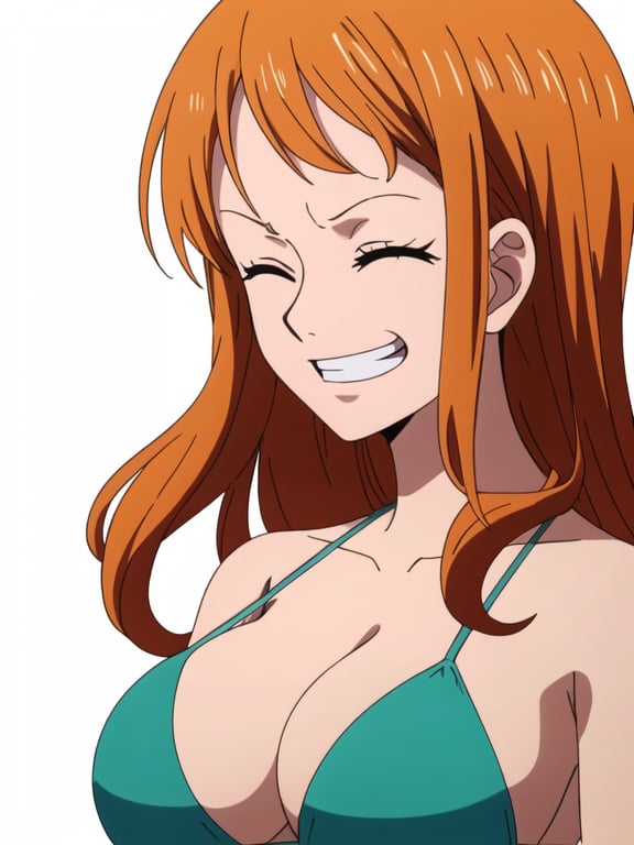 1girl, solo, nami, nami_(one_piece), nami cosplay, upper body, looking at viewer, profile, perfil, eye focus, orange hair, long hair, huge breasts, green bikini, bikini top only, grin, happy, v-shaped eyebrows, closed eyes, white background, expressive face detail, beautiful character design, bright front face, in the one piece style art, <lora:Nami:1.1>, masterpiece, best quality, high quality