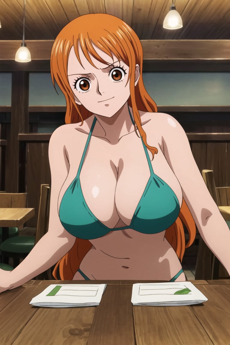 1girl, solo, nami, nami_(one_piece), nami cosplay, looking at viewer, wide angle, eye focus, brown eyes, orange eyes, orange hair, long hair, huge breasts, strapped green bikini, bikini top only, happy, expressive face detail, beautiful character design, bright front face, in the one piece style art, <lora:Nami:1.1>, pov, in a restaurant, dating, complex background details, upper body, wooden table, masterpiece, best quality, high quality