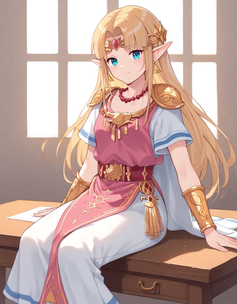 <lora:princess_zelda_XL_pony_bf16_v1:1>1girl, princess zelda, sitting on desk,, BREAK score_9, score_8_up, score_7_up, BREAK source_anime, rating_explicit, best quality, masterpiece, uncensored,<lora:sdxl_lightning_4step_lora:1>(clear eyes:1.2),clear art,zPDXLpg