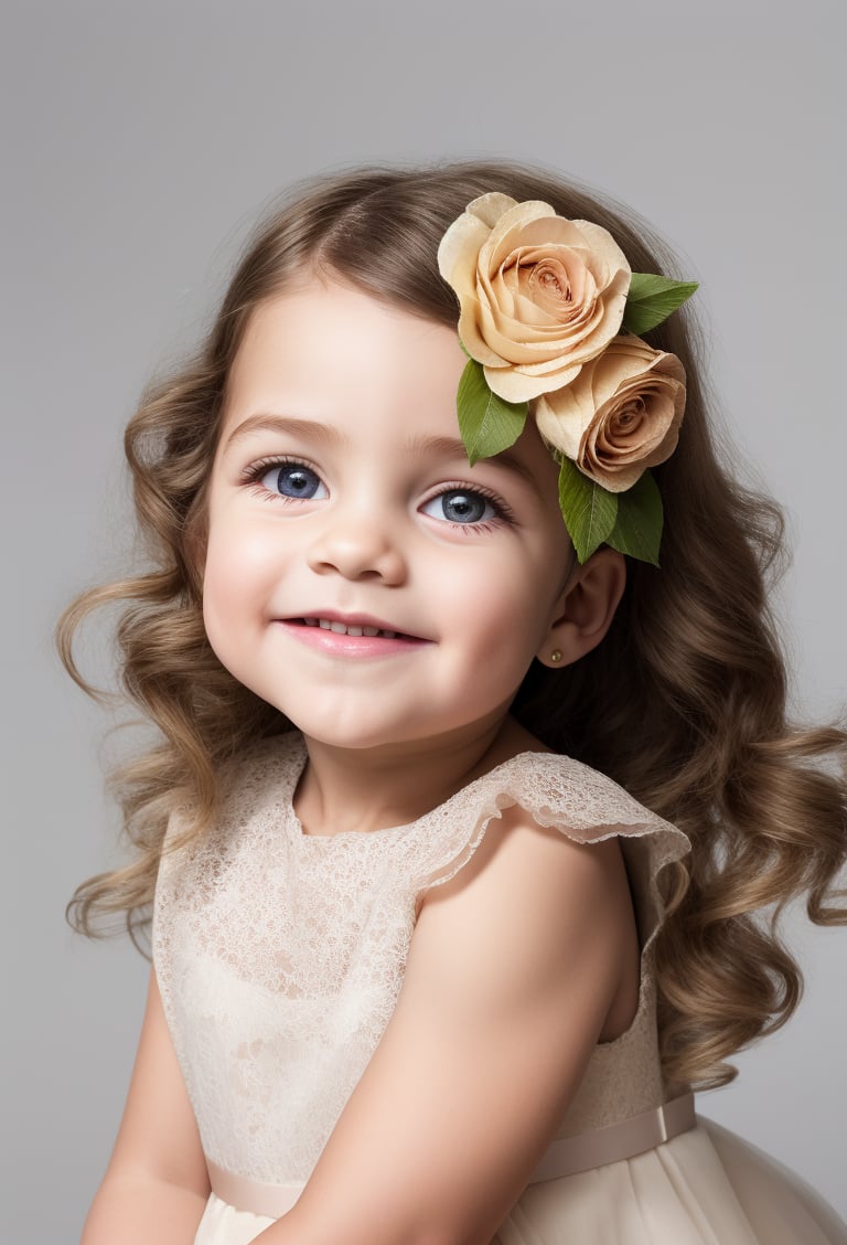 photorealistic, upper body, stand, little girl 5 year-old, realistic eyes, perfect eyes, communion dress, super detailed skin texture,  looking at viewer, blond messy Wavy long Hair, hair ornament,  floral headpiece, real flowers, big flowers, tulle ruffle collar, lace border, tulle cuffs, bows, photo studio, dark simple blurred background, perfectly illumination, still raw,Long Natural Wavy Hair,rfc