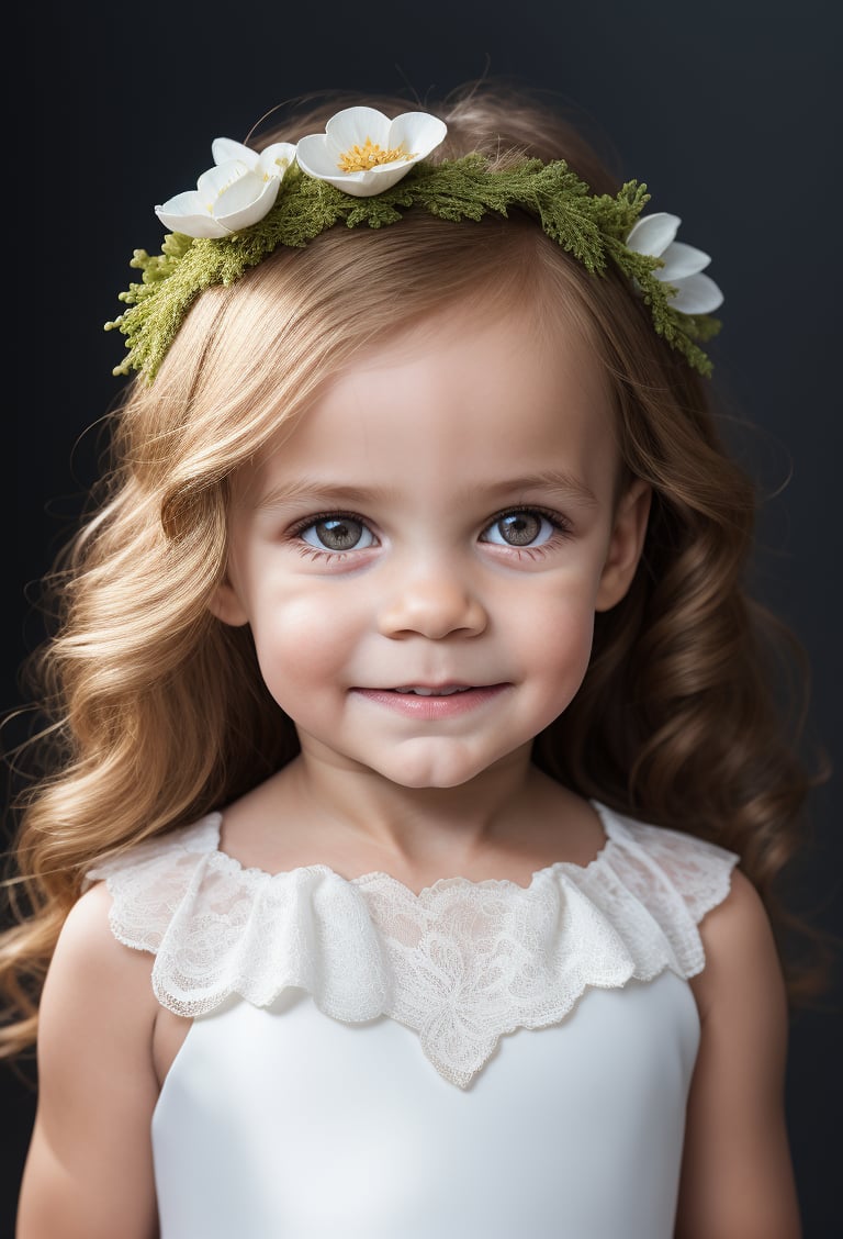 photorealistic, upper body, stand, little girl 5 year-old, realistic eyes, perfect eyes, communion dress, super detailed skin texture,  looking at viewer, blond messy Wavy long Hair, real flowers crown, white flowers, tulle ruffle collar, lace border, tulle cuffs, bows, photo studio, dark simple blurred background, perfectly illumination, still raw,rfc