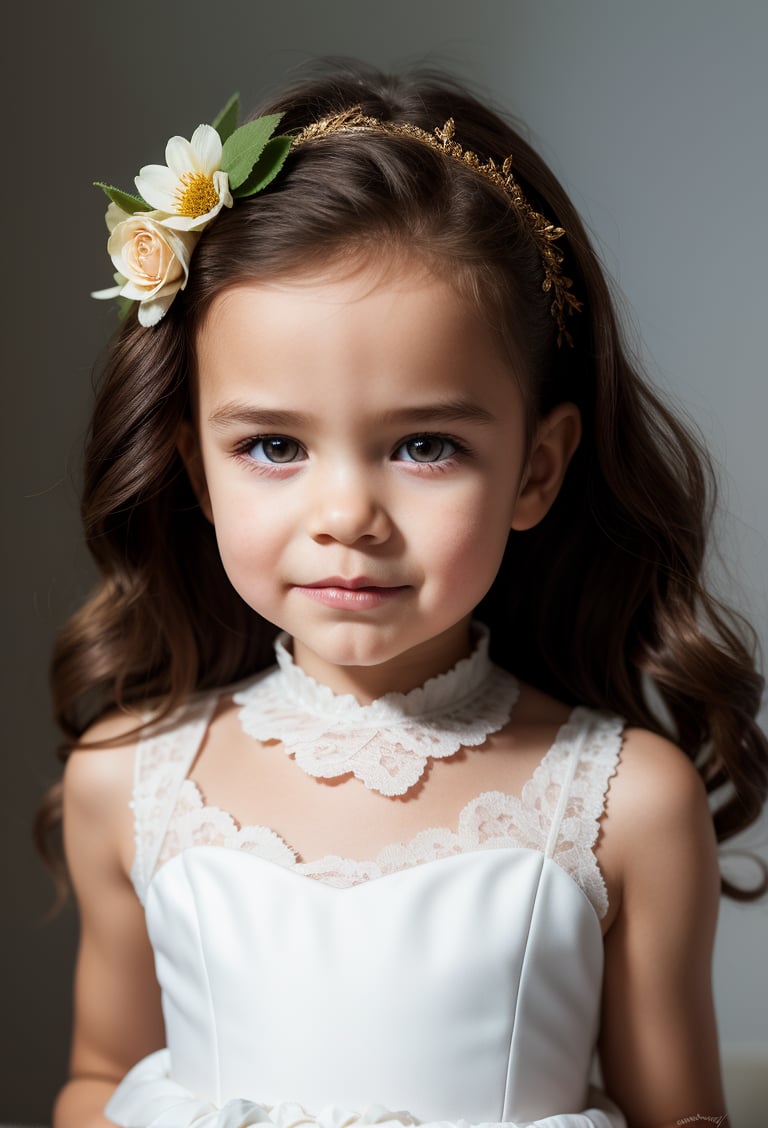 photorealistic, upper body, stand, little girl 5 year-old, realistic eyes, perfect eyes, communion dress, super detailed skin texture,  looking at viewer, blond messy Wavy long Hair, hair ornament,  floral headpiece, real flowers, big flowers, tulle ruffle collar, lace border, tulle cuffs, bows, photo studio, dark simple blurred background, perfectly illumination, still raw,Long Natural Wavy Hair,rfc