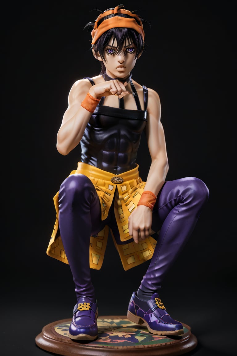 on knees, score_9, 1boy, solo, black dark background, pose, source_anime,score_8, score_7, realistic, painting, narancia,naranciatop, headband, wristbands, naranciaskirt, purple eyes, teen, full body, shoes, figurine,score_8_up, pose, looking away, on knees, dark pants, w pose