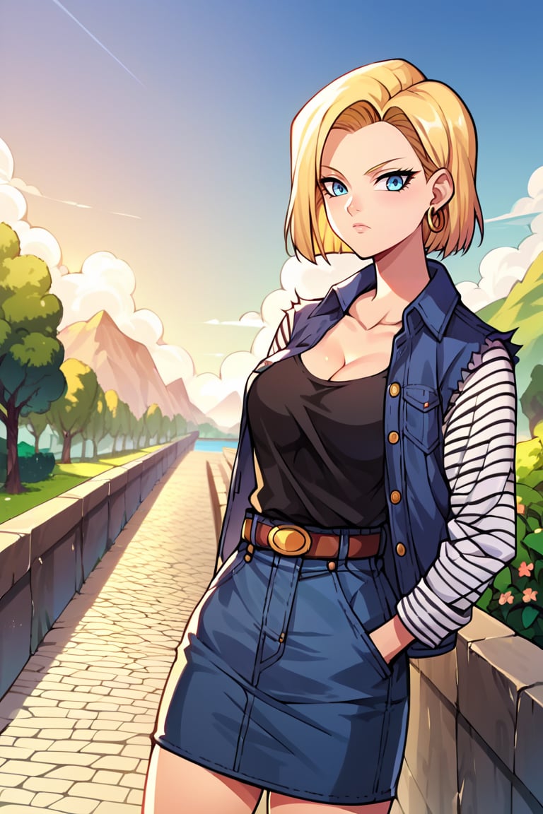 uncensored, score_9, score_8_up, score_7_up, score_6_up, score_5_up, score_4_up, source_anime, anime screencap, masterpiece, perfect scenery, perfect lighting, highly detailed, high resolution, very aesthetic, absurdres

android 18, blonde hair, blue eyes, eyelashes, hoop earrings, short hair, earrings


belt, black legwear, black shirt, breast pocket, cleavage, collarbone, denim, denim skirt, high-waist skirt, jewelry, long sleeves, pocket, shirt, shirt tucked in, skirt, striped, striped sleeves, waistcoat,outdoors,namek