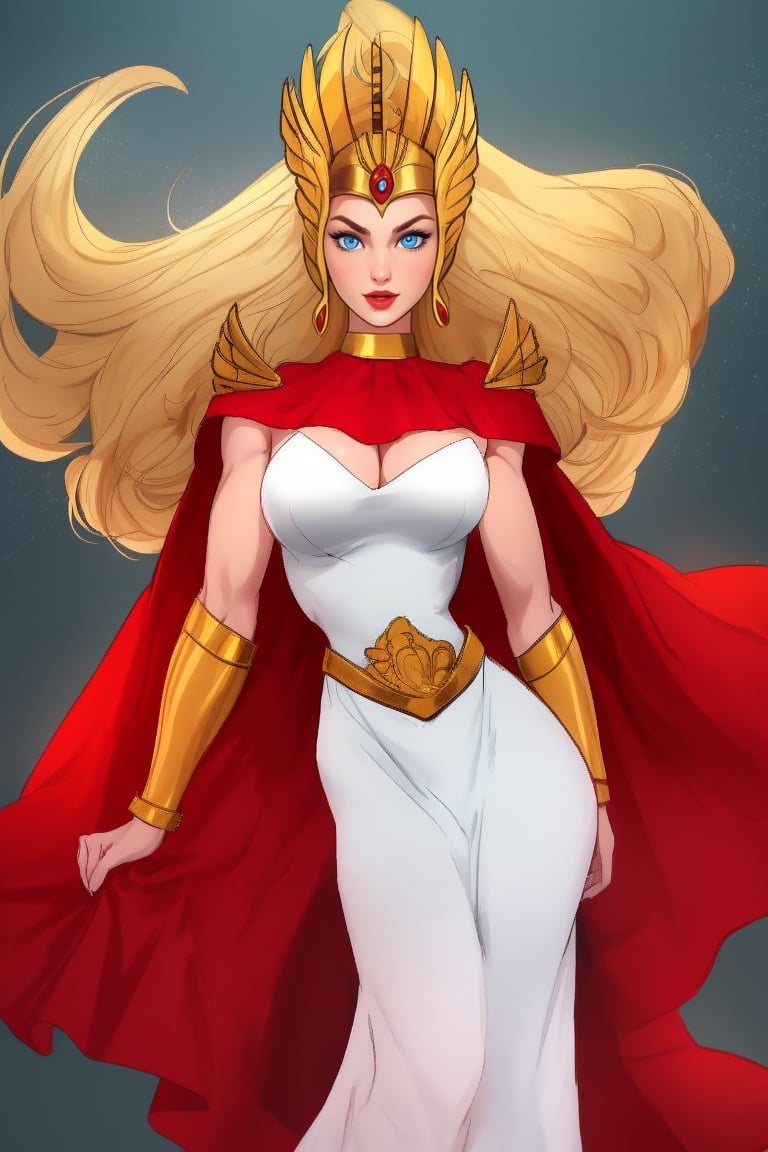 Masterpiece, She-Ra, waist-length blonde hair, winged crown-like headdress, short white dress decorated with metal patterns, red cape, golden boots, golden bracers from her elbows to her wrists, blue eyes, red lips, big boobs, thin waist, broad hips, shapely legs, shapely body, She Ra