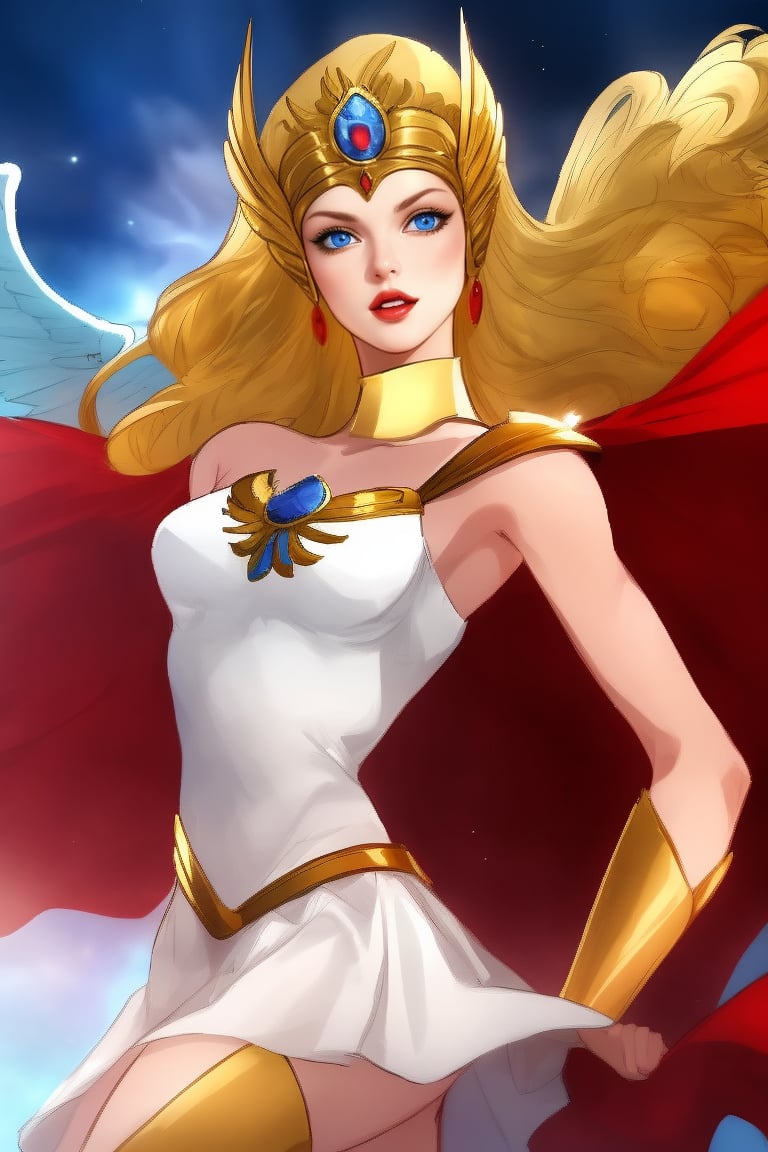 Masterpiece, She-Ra, waist-length blonde hair, winged crown-like headdress, short white dress decorated with metal patterns, red cape, golden boots, golden bracers from her elbows to her wrists, blue eyes, red lips She Ra