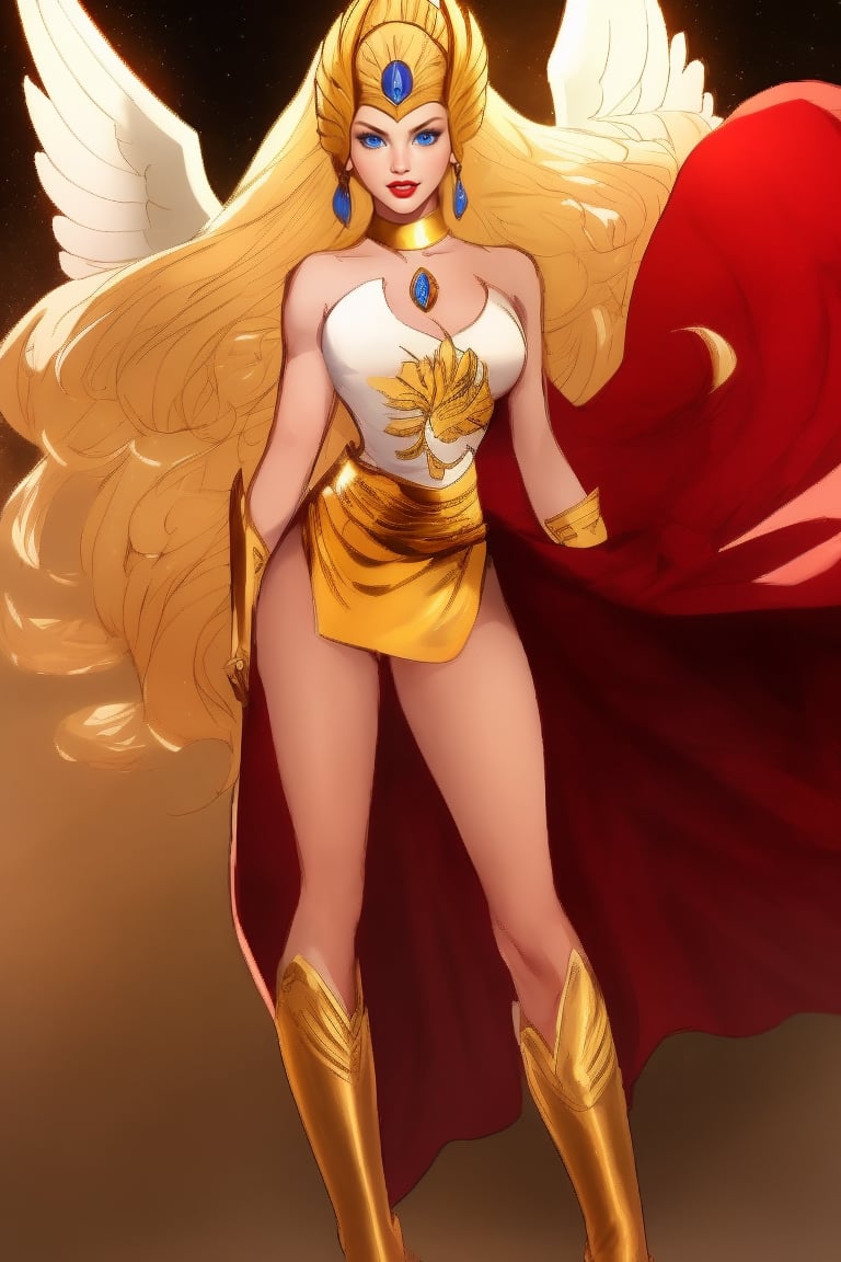 Masterpiece, She-Ra, waist-length blonde hair, winged crown-like headdress, short white dress decorated with metal patterns, red cape, golden boots, golden bracers from her elbows to her wrists, blue eyes, red lips, big boobs, thin waist, broad hips, shapely legs, shapely body, She Ra