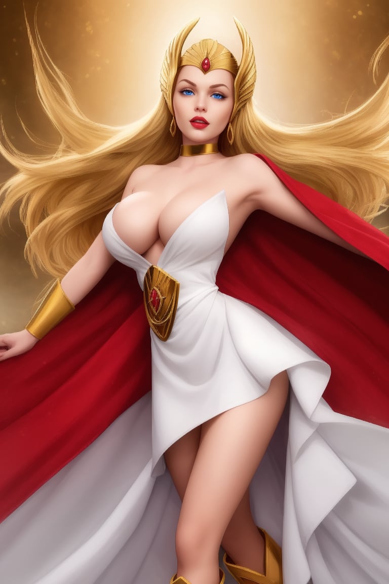 Masterpiece, She-Ra, waist-length blonde hair, winged crown-like headdress, short white dress decorated with metal patterns, red cape, golden boots, golden bracers from her elbows to her wrists, blue eyes, red lips, big boobs, thin waist, broad hips, shapely legs, shapely body, She Ra