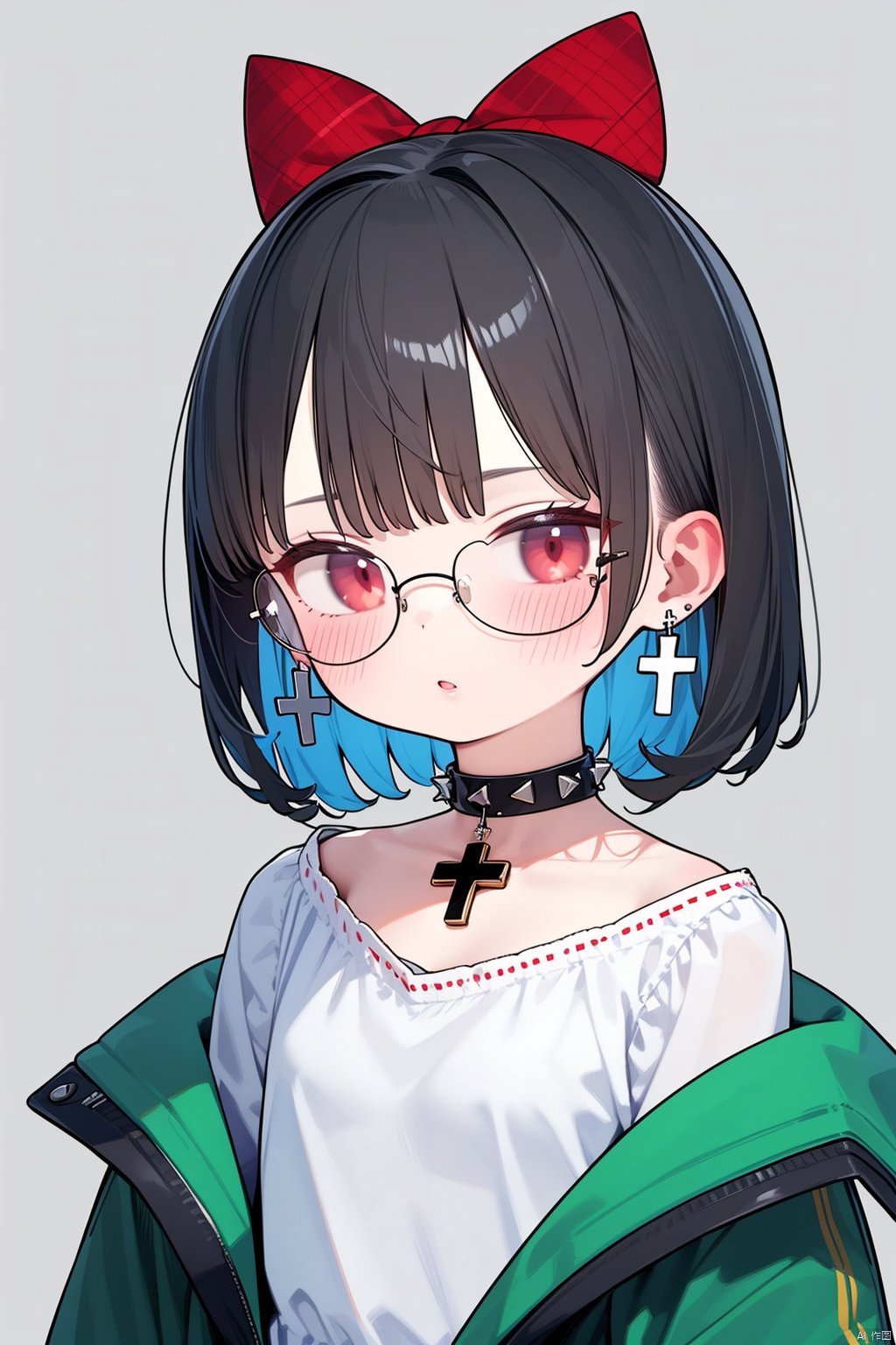 1girl, solo, glasses, jewelry, cross, spiked_choker, earrings, black_hair, shirt, spikes, looking_at_viewer, round_eyewear, hair_bow, jacket, simple_background, blush, bow, white_shirt, medium_hair, choker, grey_background, parted_lips, cross_earrings, green_jacket, upper_body, short_sleeves, off_shoulder, red_eyes, plaid_bow, bangs, frills, black_choker, ribbon_trim, spiked_collar, collar, latin_cross