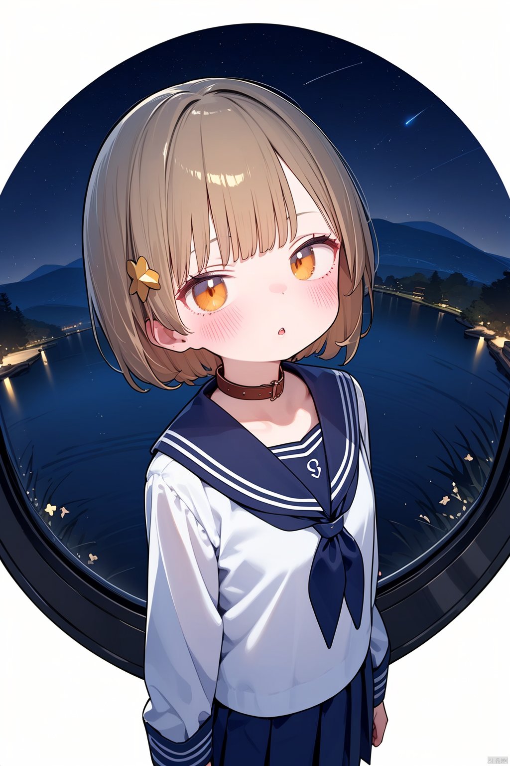  solo, 1girl, sleeves past wrists,sleeves past fingers,bangs, hair ornament, serafuku, white background, short hair, parted lips,long sleeves, muted color, neckerchief, brown hair, sailor collar,blunt bangs, cowboy shot, orange eyes, black sailor collar, looking at viewer,,(lake:1.2),(starry sky:1.2),from above,fisheye