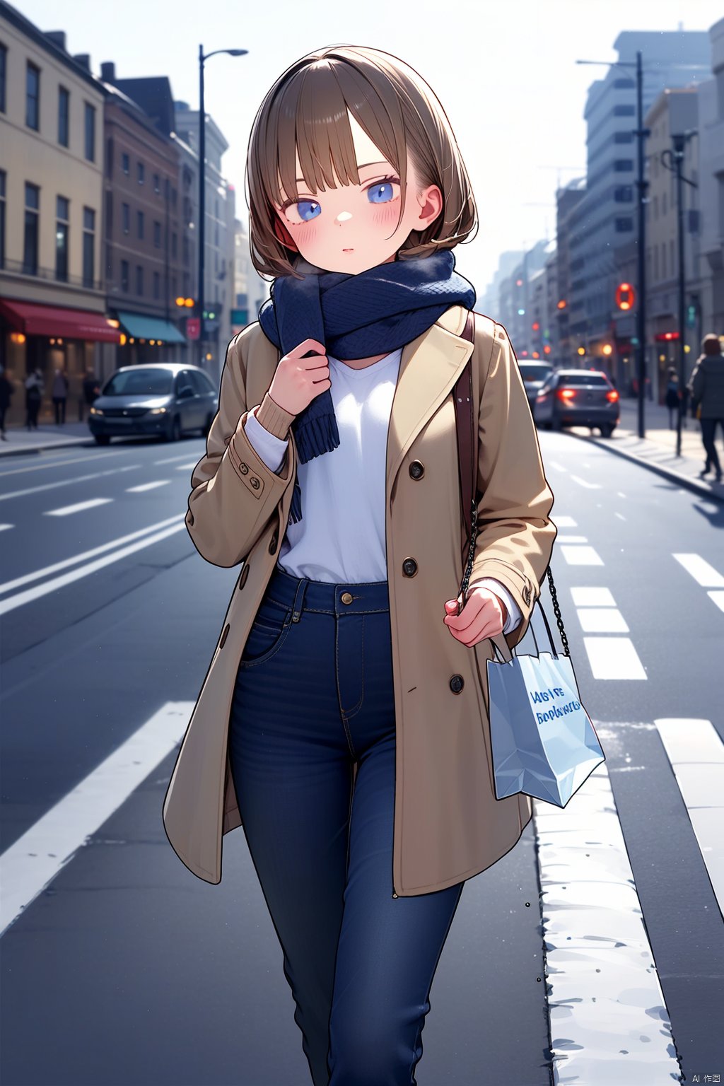 petite,motor vehicle, ground vehicle, car, outdoors, bag, 1girl, holding, pants, brown hair, solo focus, cat, blurry, shopping bag, street, jacket, chain, holding bag, road, scarf, open clothes, denim, sign, coat, walking, long sleeves, depth of field