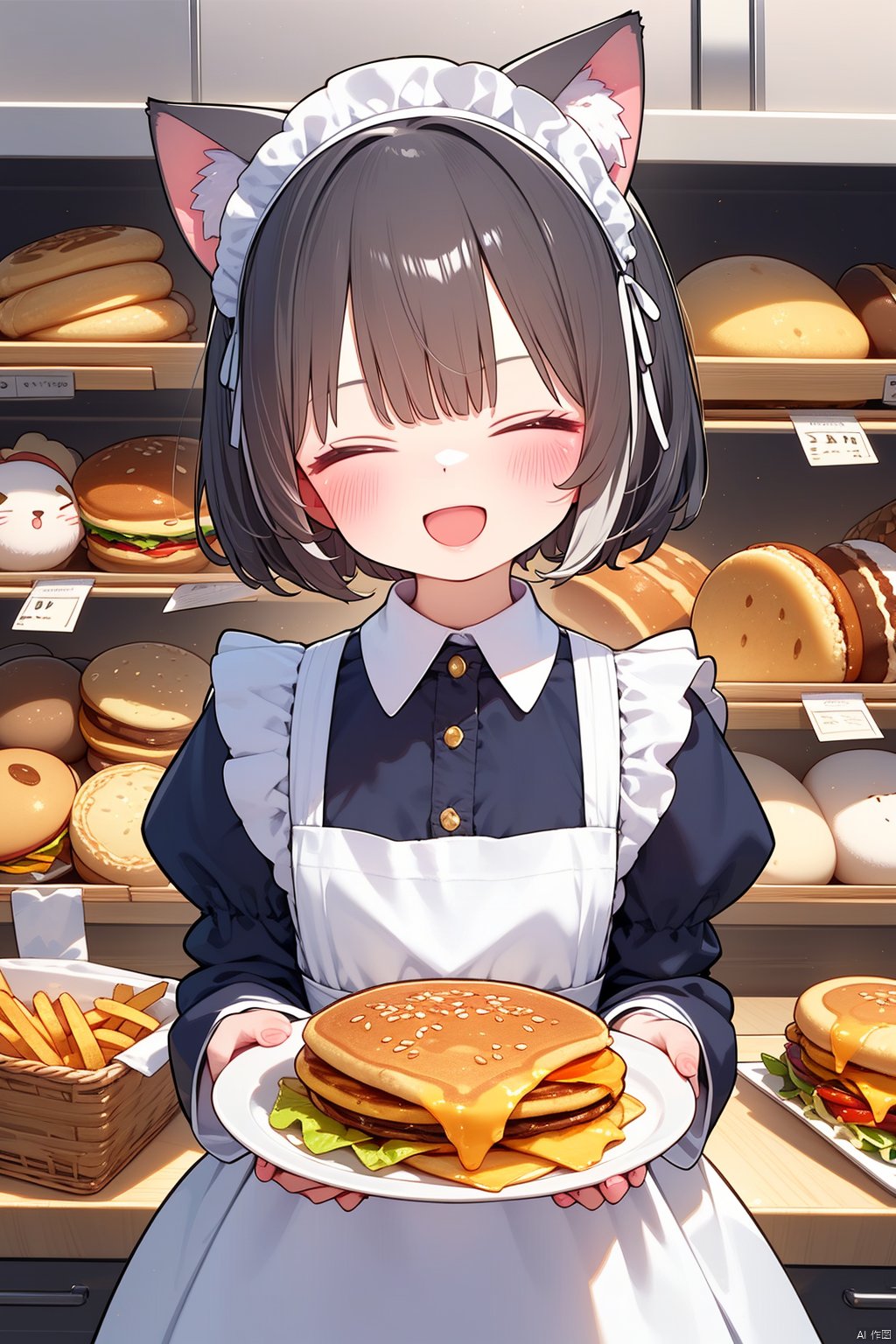 1girl, :d, ^_^, animal_ear_fluff, animal_ears, baguette, bangs, basket, black_hair, blush, bread, burger, carrot, cat_ears, cat_girl, closed_eyes, eyebrows_visible_through_hair, food, french_fries, juliet_sleeves, karyl_\(princess_connect!\), long_sleeves, maid_headdress, open_mouth, own_hands_together, pancake, puffy_sleeves, salad, sandwich, shirt, shop, smile, tray, waitress, white_apron, white_shirt