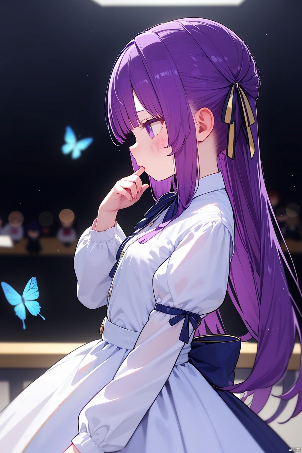 dynamic angle,petite,1girl, matou_sakura, butterfly, dress, bug, solo, ribbon, purple_eyes, long_hair, purple_hair, white_dress, hair_ribbon, short_sleeves, official_alternate_costume, finger_to_mouth, breasts, red_ribbon, puffy_short_sleeves, profile, bangs, blurry_foreground, puffy_sleeves, from_side, blurry, blue_butterfly, medium_breasts, black_ribbon