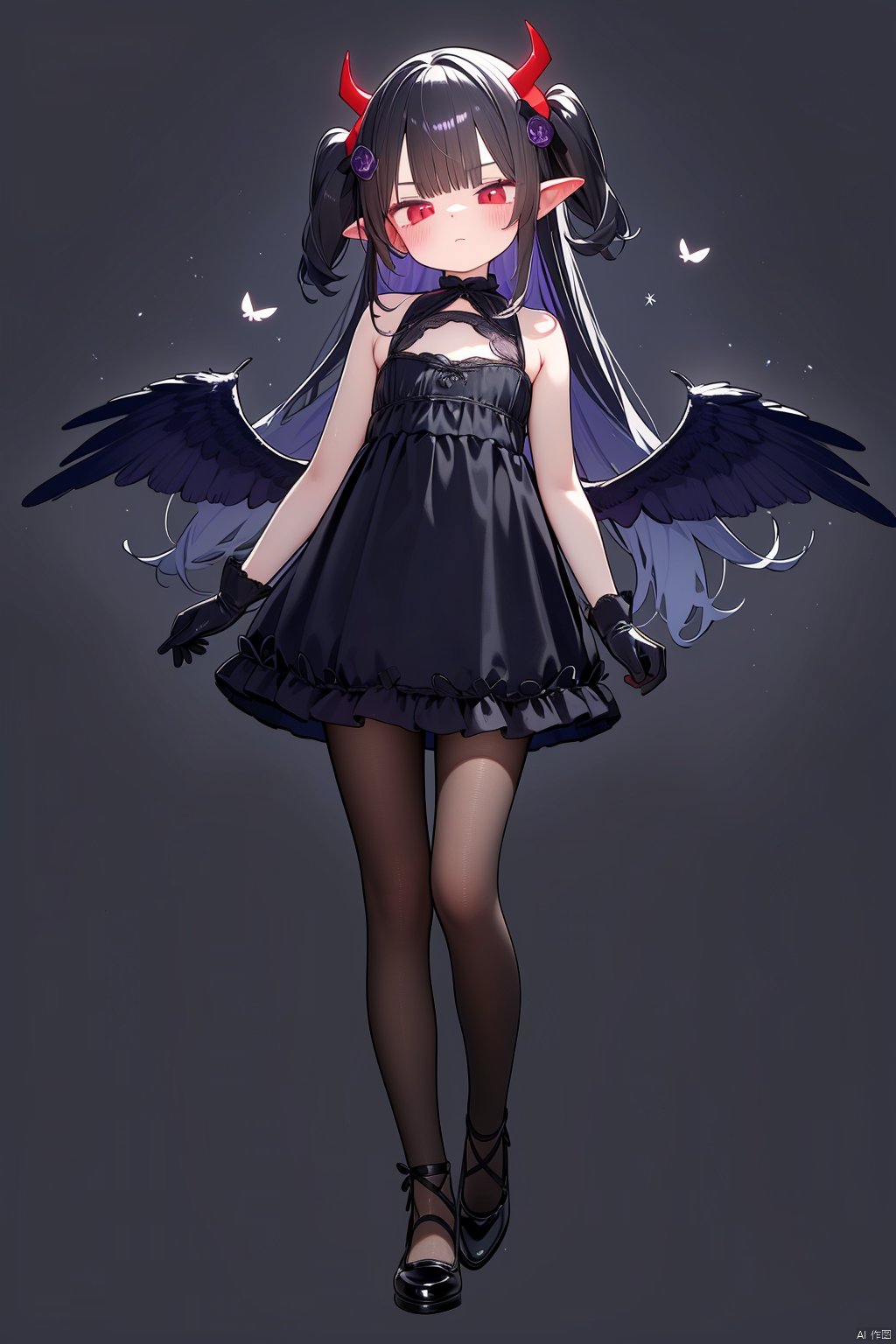 1girl, solo, dress, black_hair, gloves, elbow_gloves, wings, long_hair, pantyhose, black_dress, bare_shoulders, sleeveless_dress, red_eyes, horns, black_gloves, closed_mouth, looking_at_viewer, feathered_wings, shoes, black_wings, bangs, sleeveless, standing, full_body, black_footwear, very_long_hair, fishnets, two_side_up, purple_wings, hair_ornament, pointy_ears