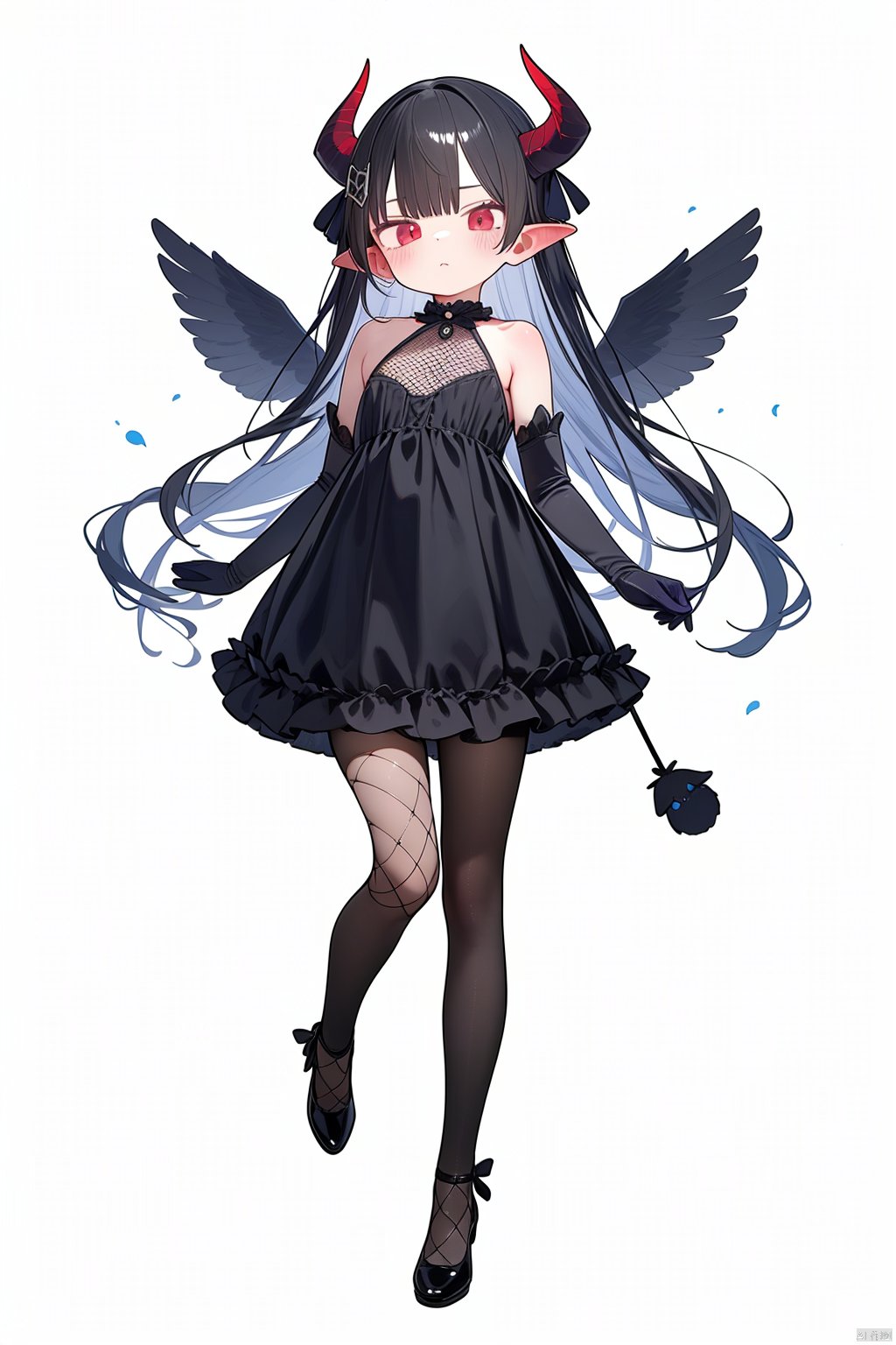 1girl, solo, dress, black_hair, gloves, elbow_gloves, wings, long_hair, pantyhose, black_dress, bare_shoulders, sleeveless_dress, red_eyes, horns, black_gloves, closed_mouth, looking_at_viewer, feathered_wings, shoes, black_wings, bangs, sleeveless, standing, full_body, black_footwear, very_long_hair, fishnets, two_side_up, purple_wings, hair_ornament, pointy_ears