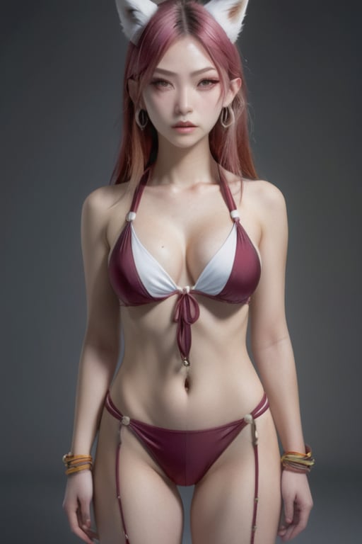 evil girl, kawaii face, 18yo, White Fox ears, Mullet hair, Masturbate, full body, sexy Post, Frontal View, Leg lift Pastel Maroon Rope Bikini, Medium sized breast natural face, plump lips, Rock Earing, amber hair, Flipped-up ends, beautiful face, angry, braces, High detailed, perfecteyes, Color magic, masterpiece, Best Quality, hd-detailed, 4K, finely detailed, high resolution, physically-based rendering, lovely, white BG, eye Details,LegendDarkFantasy