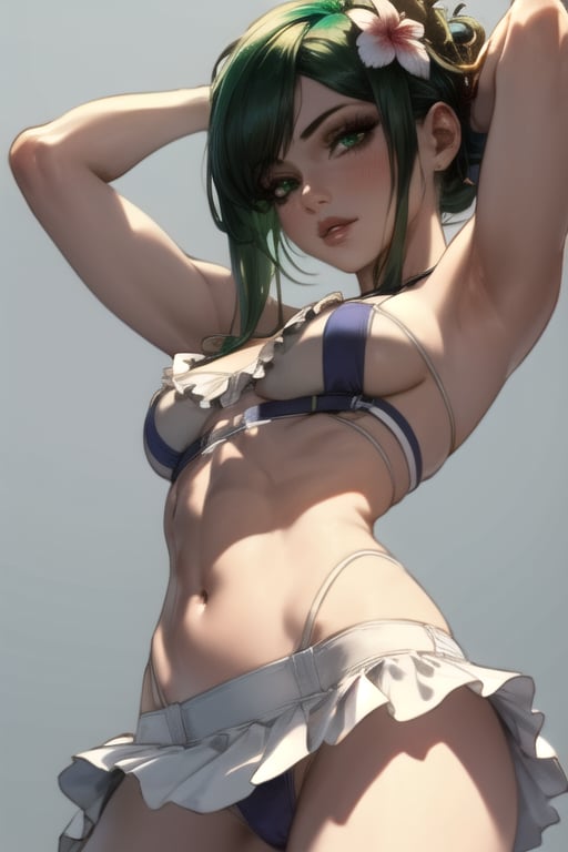 (standing, cowboy shot, from front), ShiningSpiritTifaCosplayLora, 1girl, (green hair, green eyes), (small breasts), cosplay, bikini, bikini skirt, cleavage, frilled bikini, hair ornament, white bikini, swimsuit, hair flower, BREAK(masterpiece, best quality, ultra detailed, intricate details:1.2), (8k, 4k, beautiful detailed background, beautiful detailed eyes, perfect face, lip, nose, eyelashes), (solo, white background), perfect female body, lips,  <lora:more_details:0.4> <lora:ShiningSpiritTifaCosplayLora-000008:1>