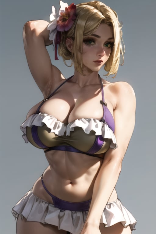 (standing, cowboy shot, from front), ShiningSpiritTifaCosplayLora, 1girl, blonde hair, short hair, green eyes, cosplay, bikini, bikini skirt, cleavage, frilled bikini, hair ornament, white bikini, swimsuit, hair flower, BREAK(masterpiece, best quality, ultra detailed, intricate details:1.2), (8k, 4k, beautiful detailed background, beautiful detailed eyes, perfect face, lip, nose, eyelashes), (solo, white background), perfect female body, lips,  <lora:more_details:0.4> <lora:ShiningSpiritTifaCosplayLora-000008:1>