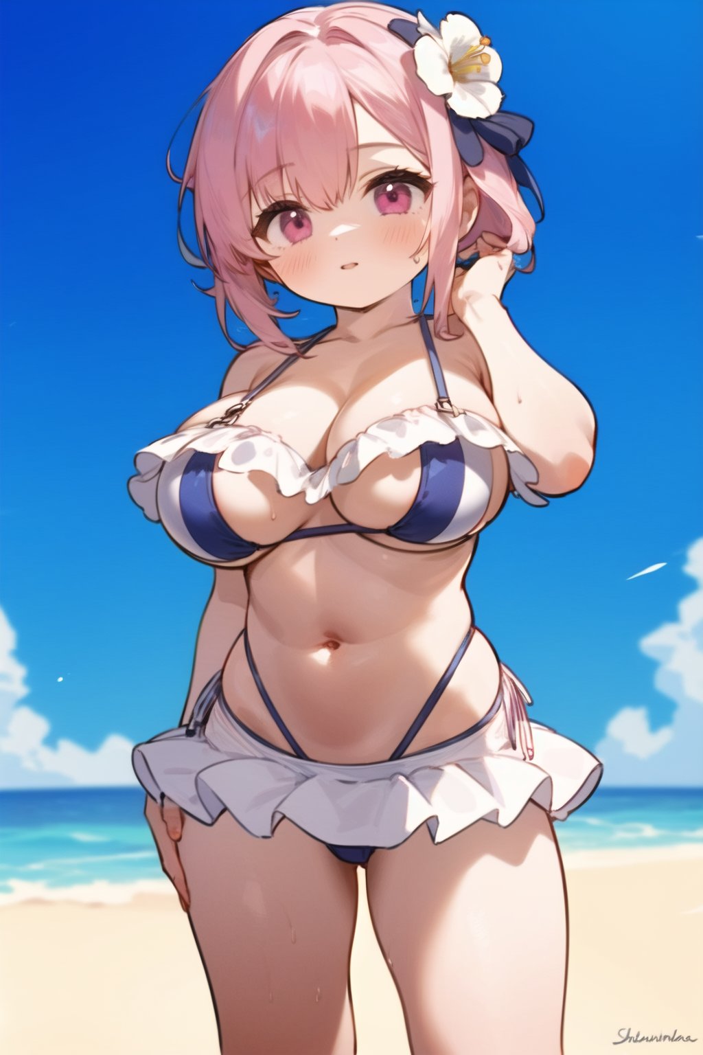 (standing, cowboy shot, from front, full body), 1girl, (pink hair, pink eyes),  ShiningSpiritTifaCosplayLora, cosplay, bikini, bikini skirt, cleavage, frilled bikini, hair ornament, white bikini, swimsuit, hair flower,  <lora:ShiningSpiritTifaCosplayLora-000008:1>,  BREAK(masterpiece, best quality, ultra detailed, intricate details:1.2), beautiful detailed eyes,  <lora:more_details:0.4>