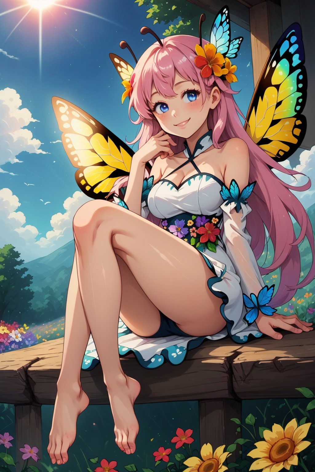 butterfly wings, 1girl, barefoot, forest, floral dress, very long hair, gradient hair, antennae, rainbow eyes, sitting, light smile, hair flower, flower, flower field, sun, day, brushing own hair, rainbow hair, wings, rainbow wing, wings on back, large wings, no shoes, detached sleeves, hand down,