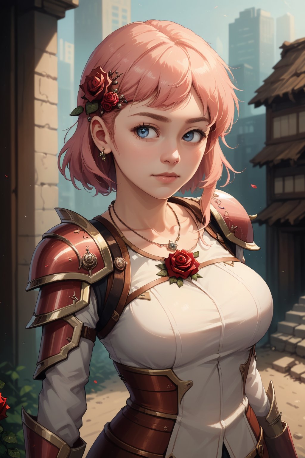 ((masterpiece)), ((best quality)), (ultra-detailed), (extremely detailed unity 8k), ((extremely highres, absurdres)), (realistic skin), (realistic photo, photorealistic, photo-realistic), cute Japanese girl, 1girl, solo, beautiful hair, beautiful face, delicate and beautiful eyes, (((rose) decoration on hair pin, rose decoration on brooch)), (detailed combat armor), (armour), warrior, beautiful necklace, cowboy shot, looking at viewer, intricate details, destoryed city, battlefield, ruins, fantasy, science fiction, war, depth of field, ray tracing, extremely detailed, delicate details