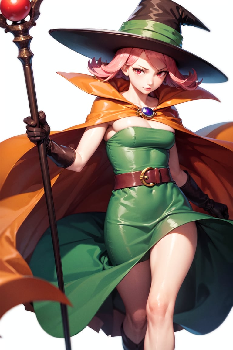 (masterpiece, best quality:1.1), mage (dq3), 1girl, solo, short hair, pink hair, red eyes, witch hat, gloves, dress, medium breasts, boots, cape, staff, black socks, witch, simple background <lora:DQ3MAGE-000005:1>