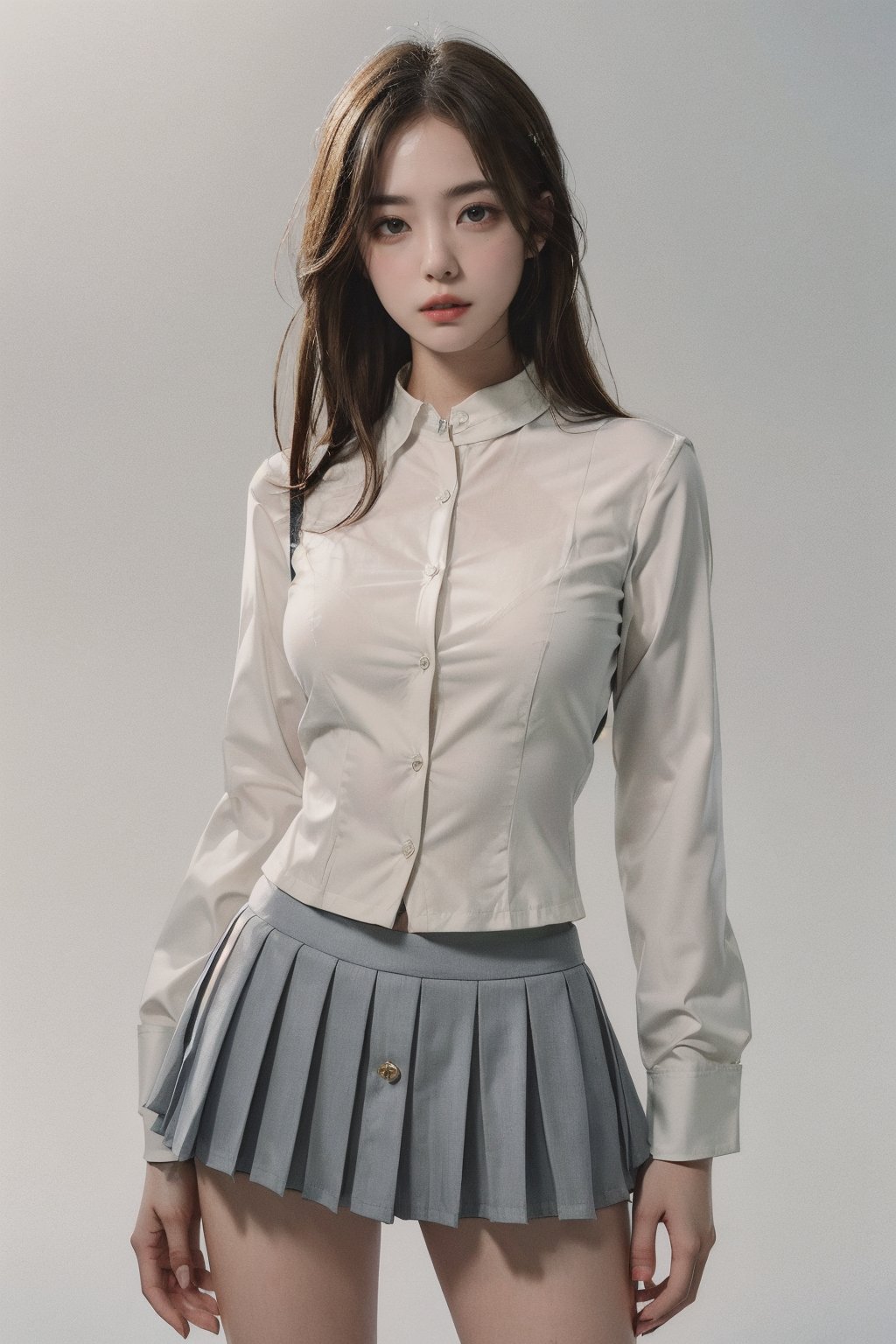 8k, best quality, masterpiece, realistic, ultra detail, photo realistic, Increase quality, look at viewer, soft expression, simple_background, (white button shirt),(grey miniskirt),fashion,