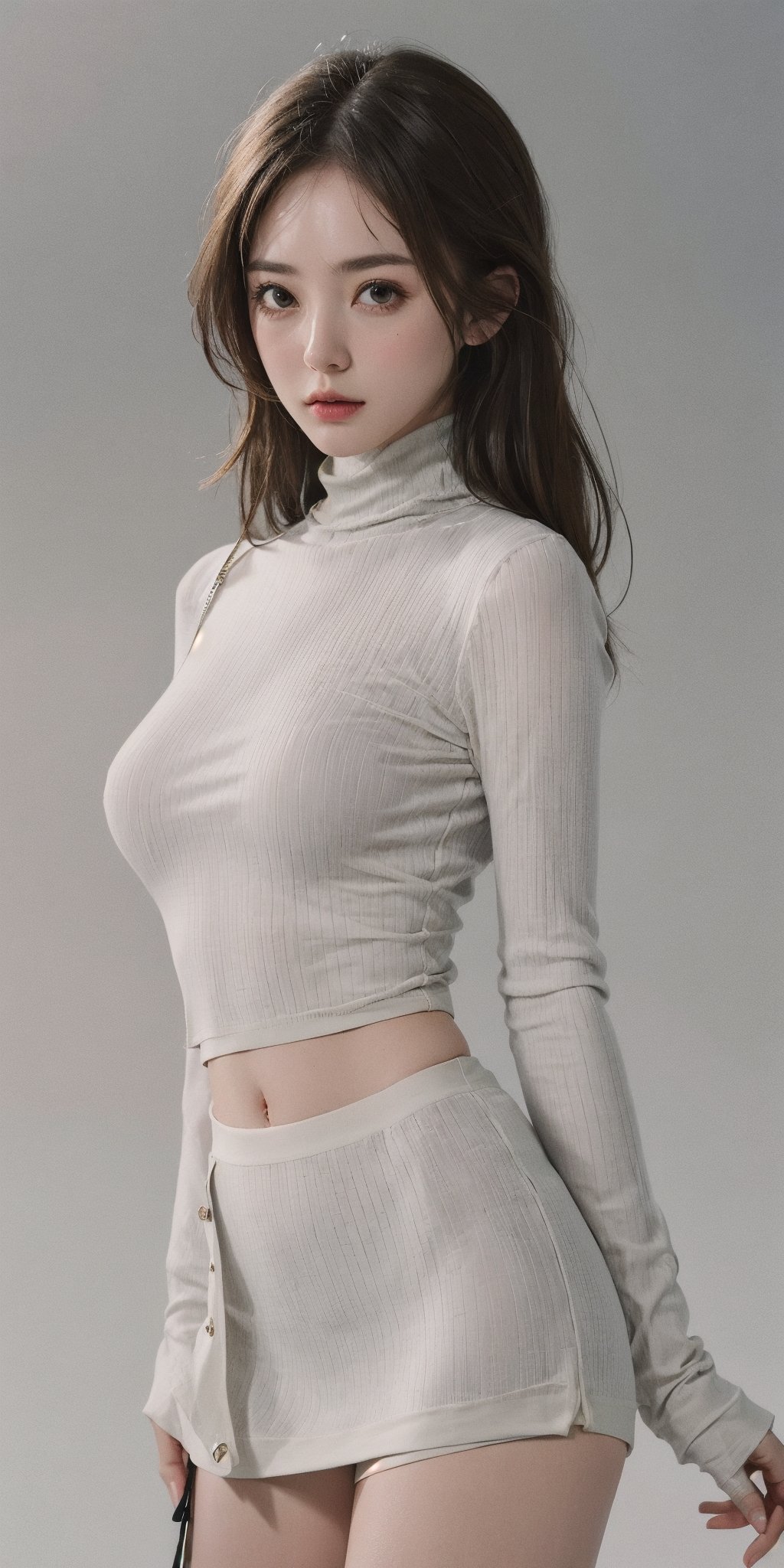 8k, best quality, masterpiece, realistic, ultra detail, photo realistic, Increase quality, look at viewer, soft expression, simple_background, (grey sweeter turtleneck cutout waist),fashion