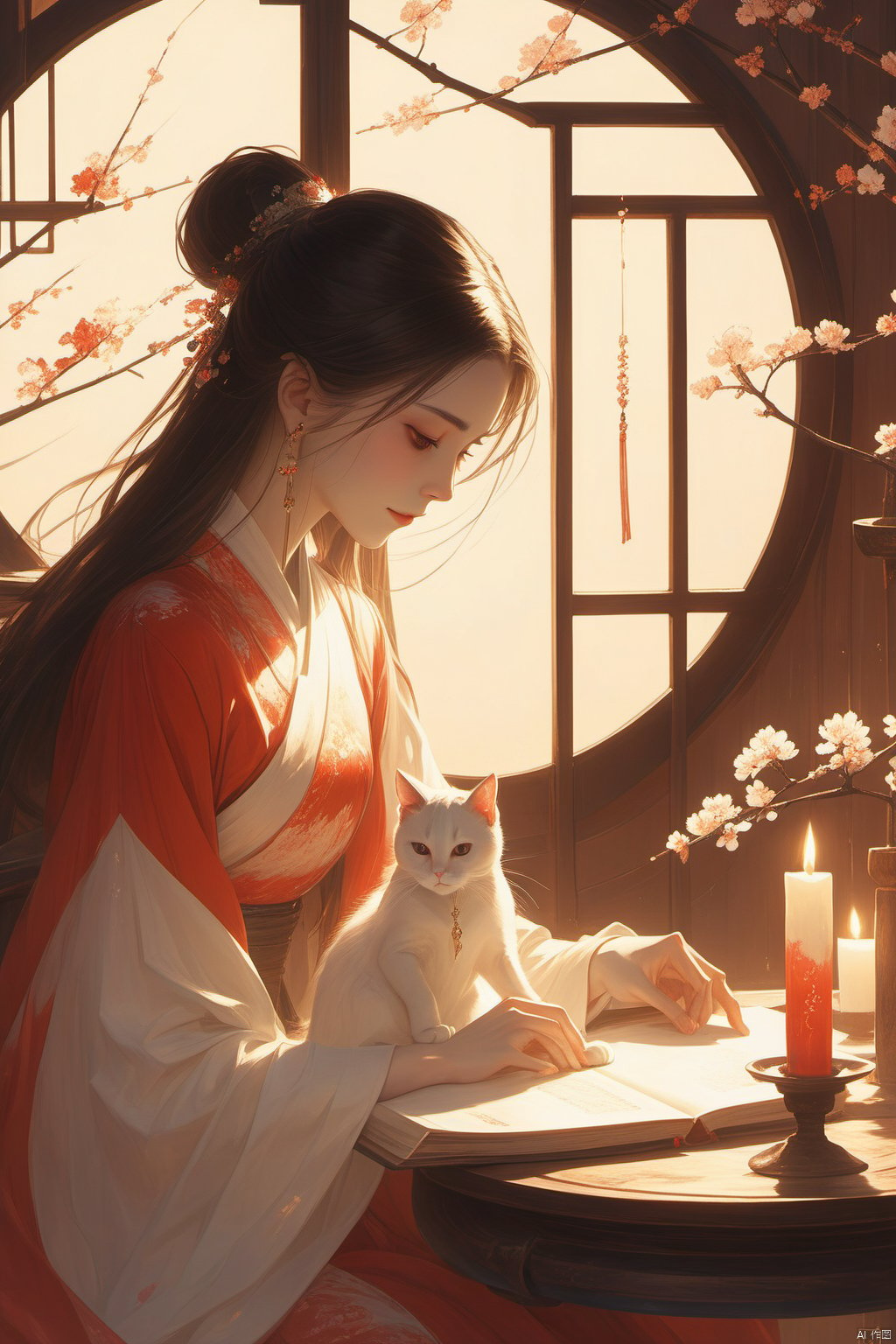 1girl,long hair,jewelry,earrings,single hair bun,(a white cat:1.4),chinese clothes,book,table,sitting,flower,circular window,window,dress,from side,hair ornament,hair bun,long sleeves,red dress,black hair,indoors,looking down,profile,brown hair,candle,light,GFGF,