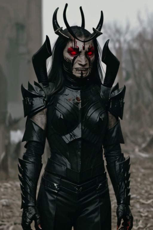 krblacksun, long sleeves, jacket, black armor, long hair, outdoors, black pants, blood, horns, shoulder armor, breastplate