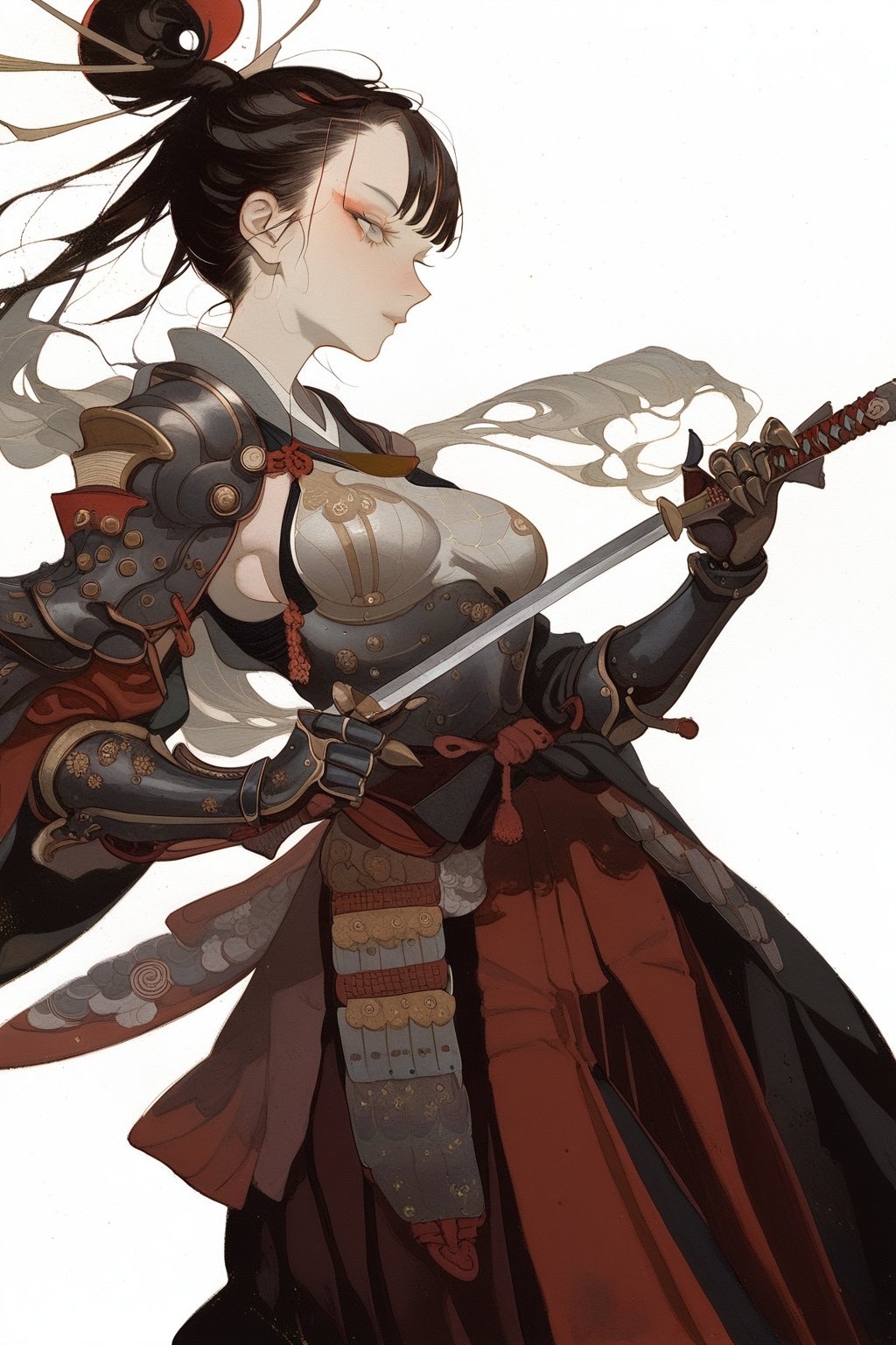 warrior, 1girl, weapon, solo, sword, armor, black hair, white background, hip vent, breasts, japanese clothes, simple background, hakama, profile, gauntlets, looking at viewer, long hair, hair rings, holding, standing, japanese armor, medium breasts, 
masterpiece, best quality, aesthetic,